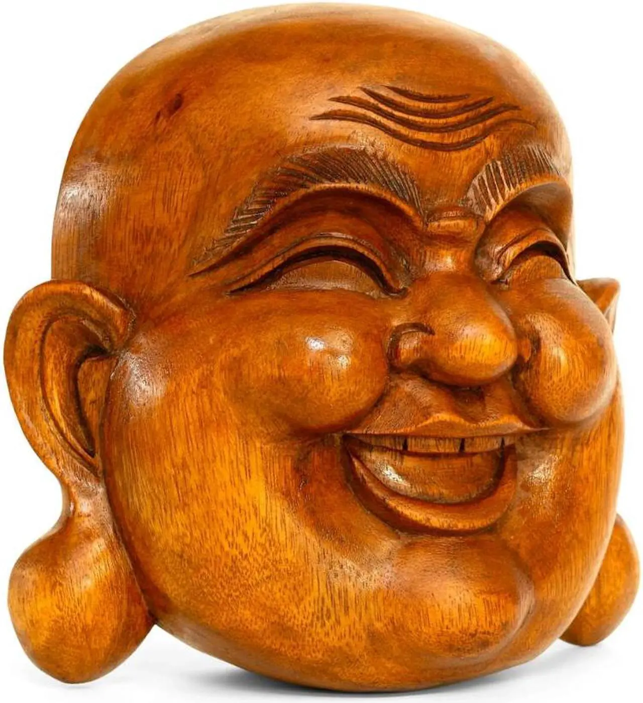 Alt view image 2 of 4 - G6 COLLECTION Wooden Wall Mask Laughing Smiling Happy Buddha Head Statue Hand Carved Stand Alone Sculpture Handmade Figurine Decor Handcrafted Art Wall Hanging