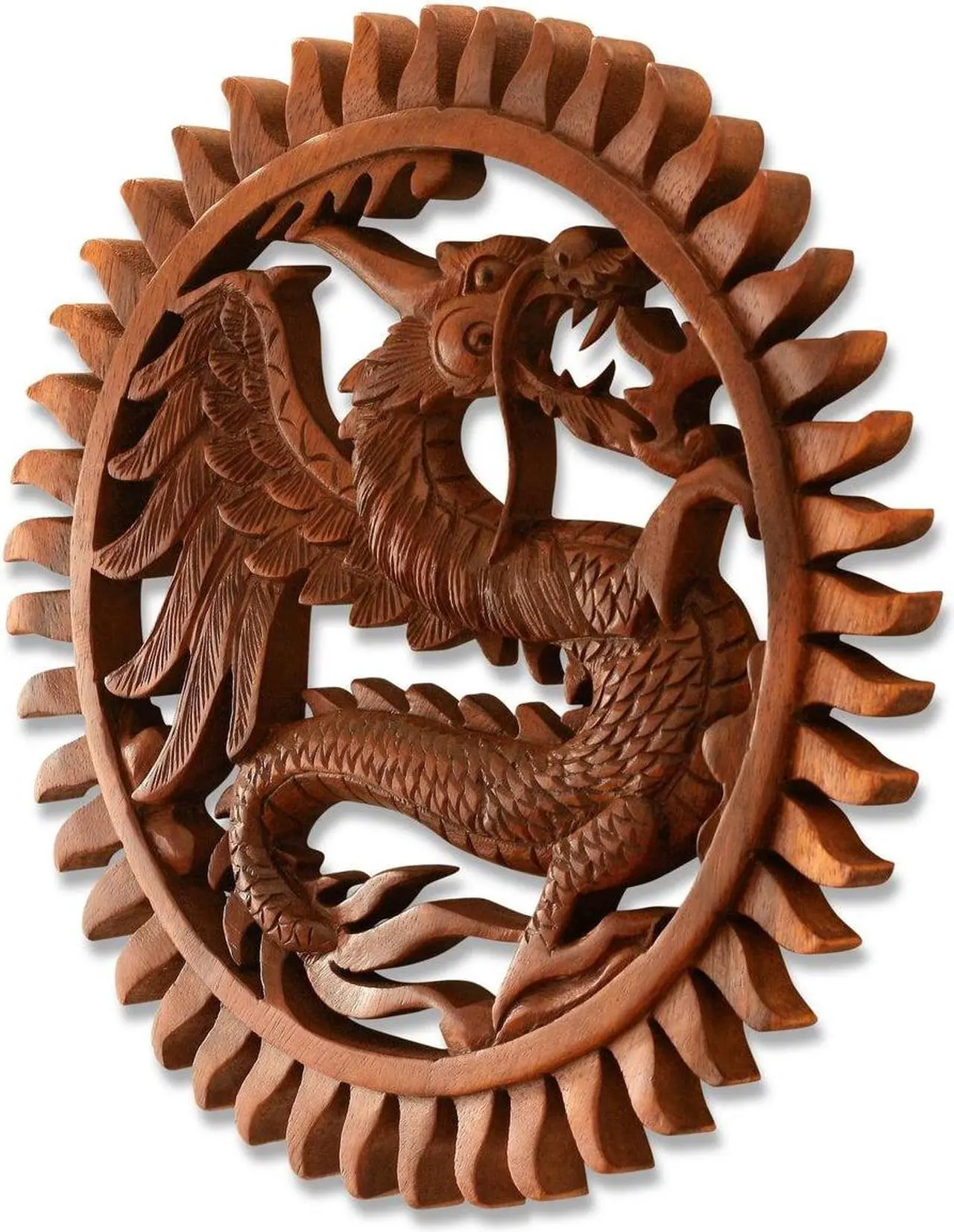 Alt view image 3 of 3 - G6 COLLECTION 11" Wooden Hand Carved Wall Hanging Dragon Panel Relief Plaque Statue Sculpture Handcrafted Gift Art Home Decor Figurine Accent Decoration Handmade