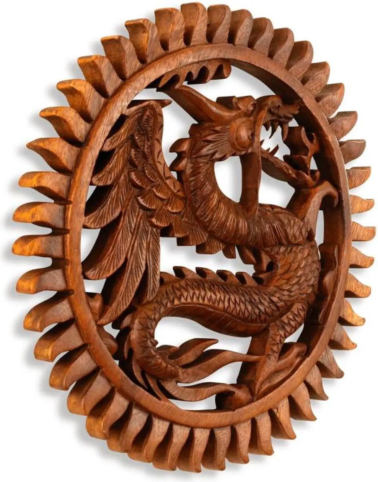 Alt view image 2 of 3 - G6 COLLECTION 11" Wooden Hand Carved Wall Hanging Dragon Panel Relief Plaque Statue Sculpture Handcrafted Gift Art Home Decor Figurine Accent Decoration Handmade