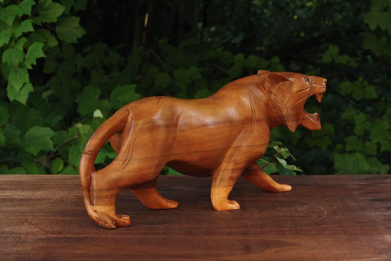 Alt view image 4 of 6 - G6 COLLECTION Wooden Hand Carved Tiger Statue Figurine Sculpture Art Decorative Home Decor Accent Rustic Lodge Handmade Handcrafted Decoration - 15" Long x 7" Tall x 4" Deep