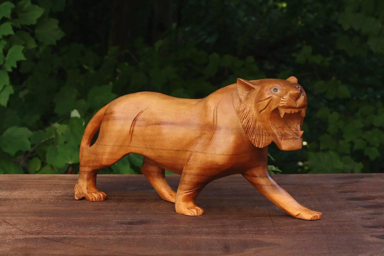 Alt view image 2 of 6 - G6 COLLECTION Wooden Hand Carved Tiger Statue Figurine Sculpture Art Decorative Home Decor Accent Rustic Lodge Handmade Handcrafted Decoration - 15" Long x 7" Tall x 4" Deep