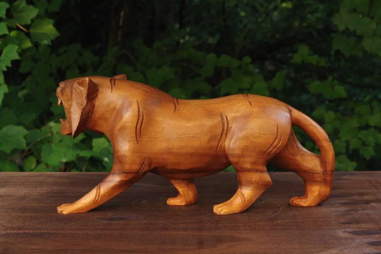 Alt view image 3 of 6 - G6 COLLECTION Wooden Hand Carved Tiger Statue Figurine Sculpture Art Decorative Home Decor Accent Rustic Lodge Handmade Handcrafted Decoration - 15" Long x 7" Tall x 4" Deep
