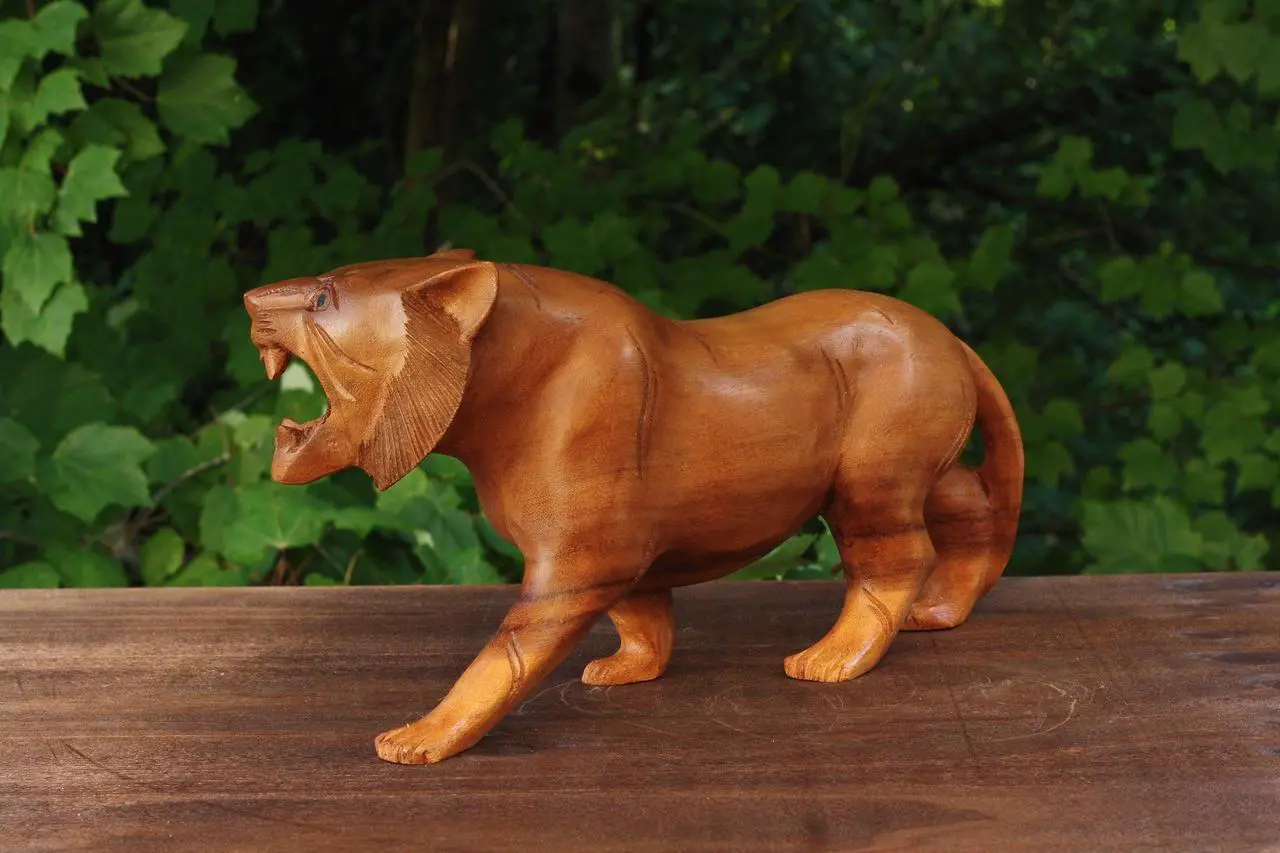 Alt view image 5 of 6 - G6 COLLECTION Wooden Hand Carved Tiger Statue Figurine Sculpture Art Decorative Home Decor Accent Rustic Lodge Handmade Handcrafted Decoration - 15" Long x 7" Tall x 4" Deep