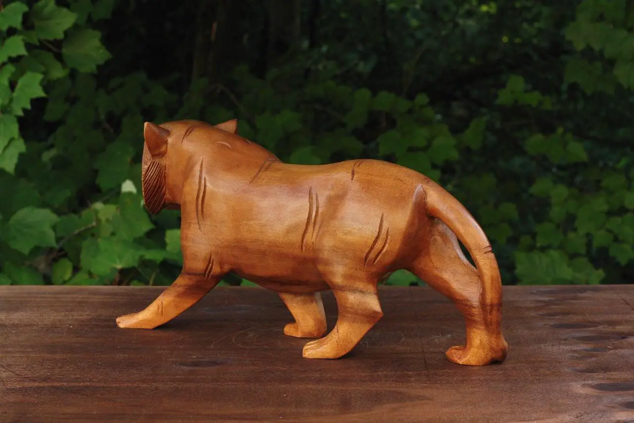 Alt view image 6 of 6 - G6 COLLECTION Wooden Hand Carved Tiger Statue Figurine Sculpture Art Decorative Home Decor Accent Rustic Lodge Handmade Handcrafted Decoration - 15" Long x 7" Tall x 4" Deep