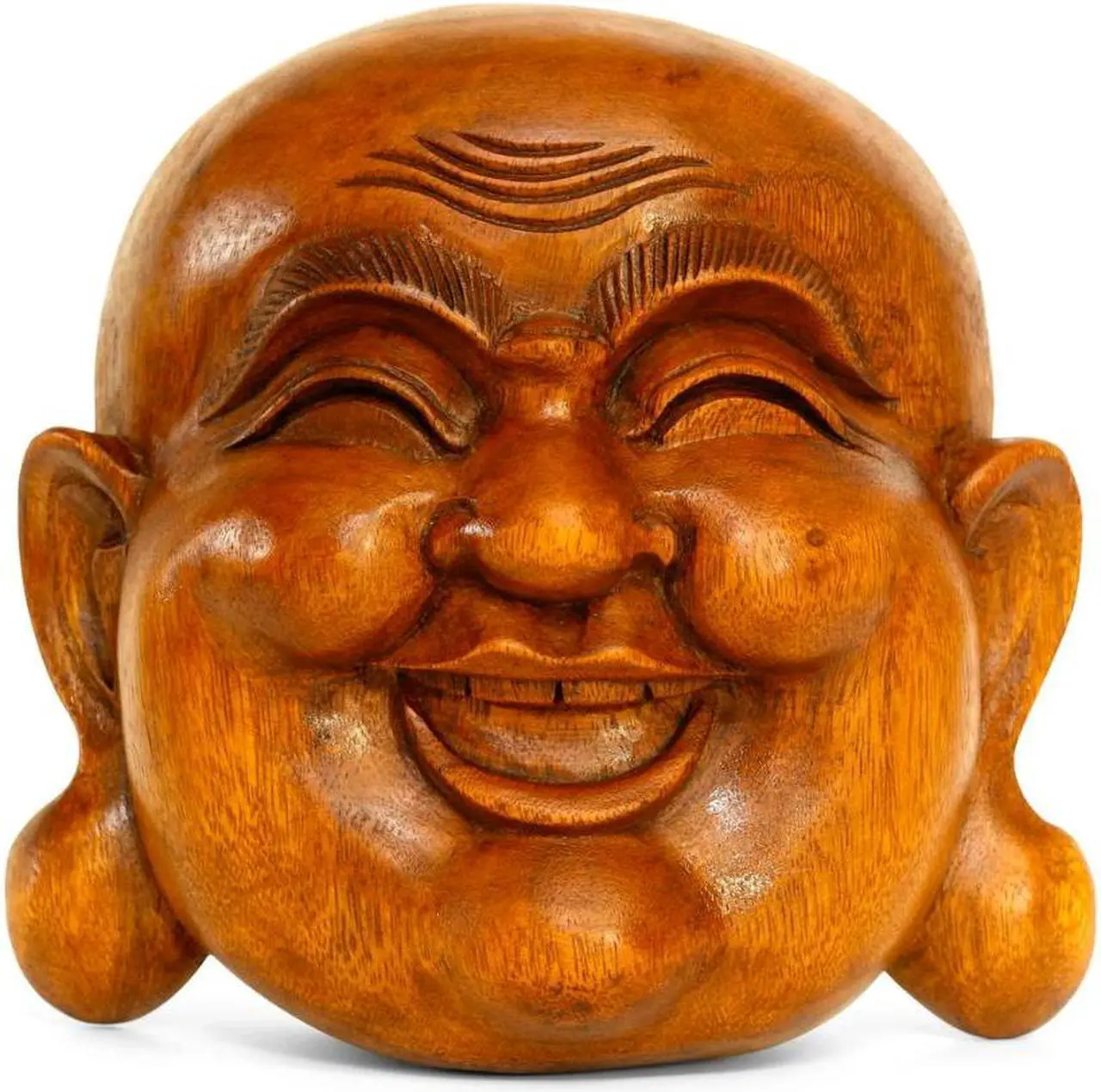 Main image of G6 COLLECTION Wooden Wall Mask Laughing Smiling Happy Buddha Head Statue Hand Carved Stand Alone Sculpture Handmade Figurine Decor Handcrafted Art Wall Hanging