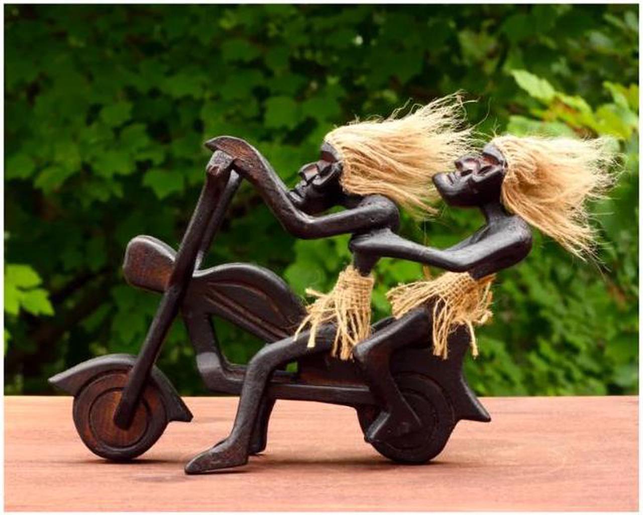 Alt view image 2 of 7 - G6 COLLECTION Handmade Wooden Primitive Tribal Funny Riding Harley Davidson Statue Motorcycle Sculpture Tiki Bar Unique Gift Wood Home Decor Figurine Hand Carved