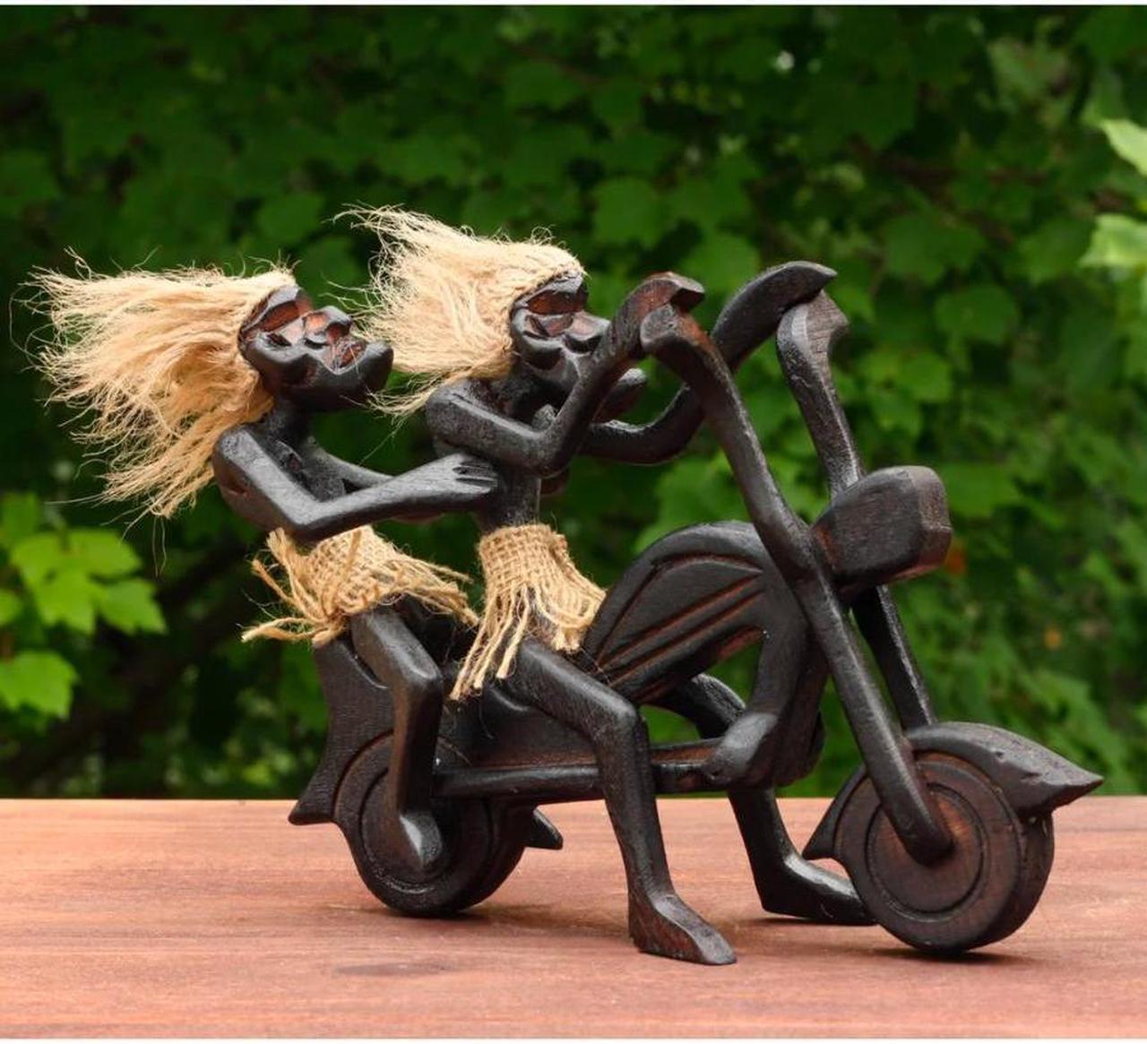 Alt view image 3 of 7 - G6 COLLECTION Handmade Wooden Primitive Tribal Funny Riding Harley Davidson Statue Motorcycle Sculpture Tiki Bar Unique Gift Wood Home Decor Figurine Hand Carved