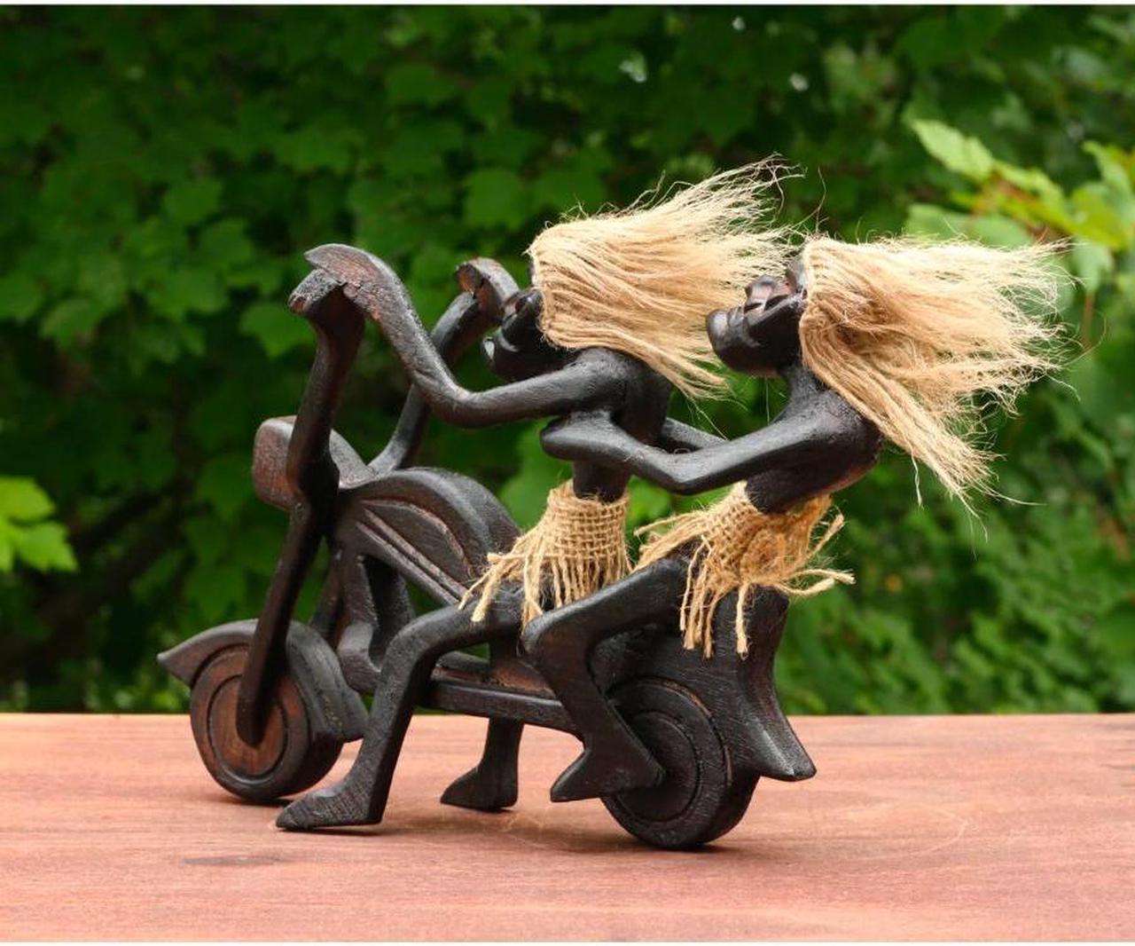 Alt view image 5 of 7 - G6 COLLECTION Handmade Wooden Primitive Tribal Funny Riding Harley Davidson Statue Motorcycle Sculpture Tiki Bar Unique Gift Wood Home Decor Figurine Hand Carved