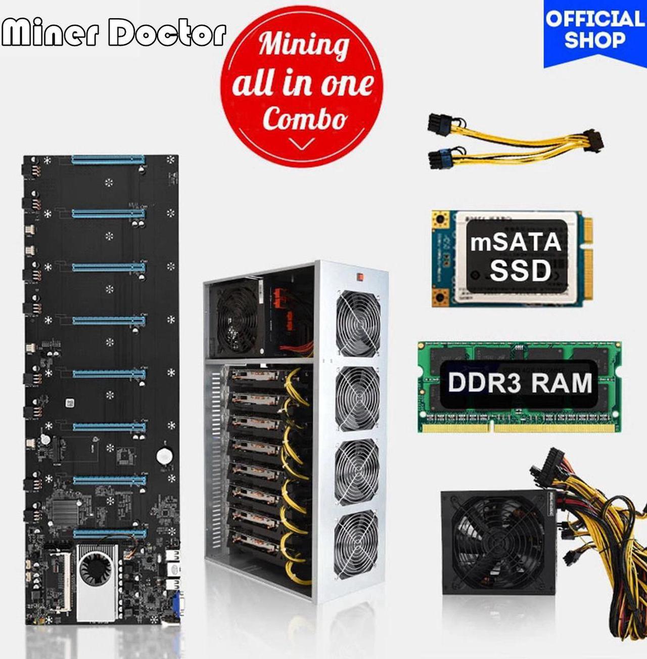 Main image of 8 Gpu Mining Motherboard with CPU and SSD 128GB DDR3 + 8GB RAM + Chassis + power supply 1850W Kit Mining crypto ETH Set S37 Rigs Box