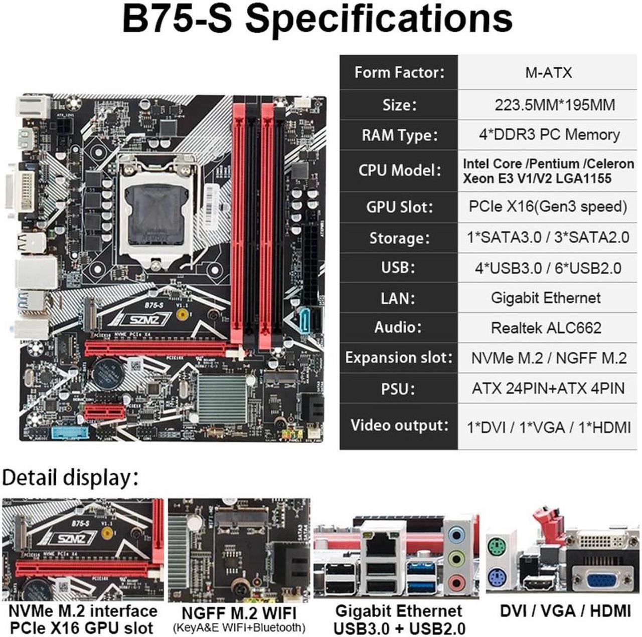 Alt view image 3 of 4 - B75 Gaming PC Motherboard Support Intel Core i5 i7 i9 Xeon E3 V1 V2 LGA1155 CPU 4*DDR3 USB3.0 SATA3.0 NVME M.2 Placa Mae
