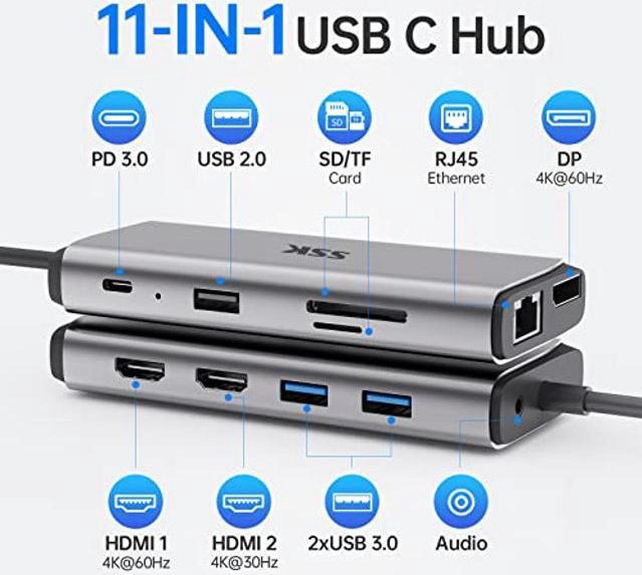 Alt view image 2 of 5 - SSK USB C Docking Station Dual Monitor, 11 in 1 Triple Display Docking Station Multiport Adapter of 2 HDMI, Displayport, Ethernet, PD3.0, SD TF Card Reader, 3USBs for MacBook/Dell/HP/Lenovo Laptops