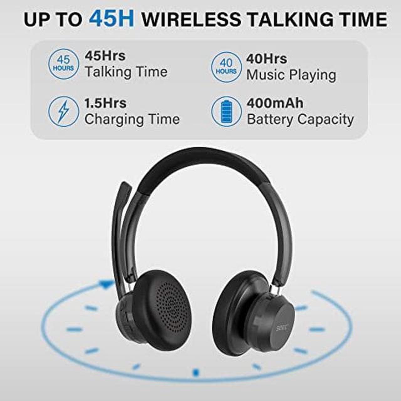 Alt view image 4 of 5 - Bluetooth Headset with Microphone, Wireless Headphones with Noise Cancelling Mic, On Ear Headphones with USB Audio Dongle for PC, Handsfree 40 Hrs/Dual Connect/Mute Button, for Skype|Zoom|MS Teams