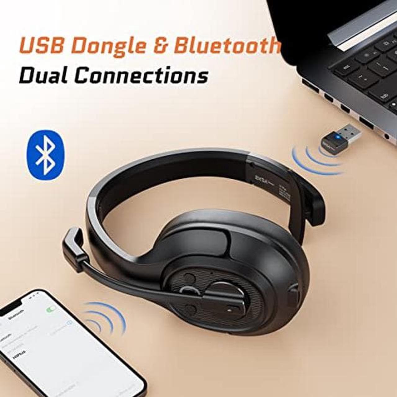 Alt view image 4 of 5 - Trucker Bluetooth Headset, Wireless Headphones with USB Dongle for PC, AI-Powered Environmental Noise Cancelling Microphone (ENC), 99ft Long Wireless Range, 57Hrs On-Ear Trucker Headsets