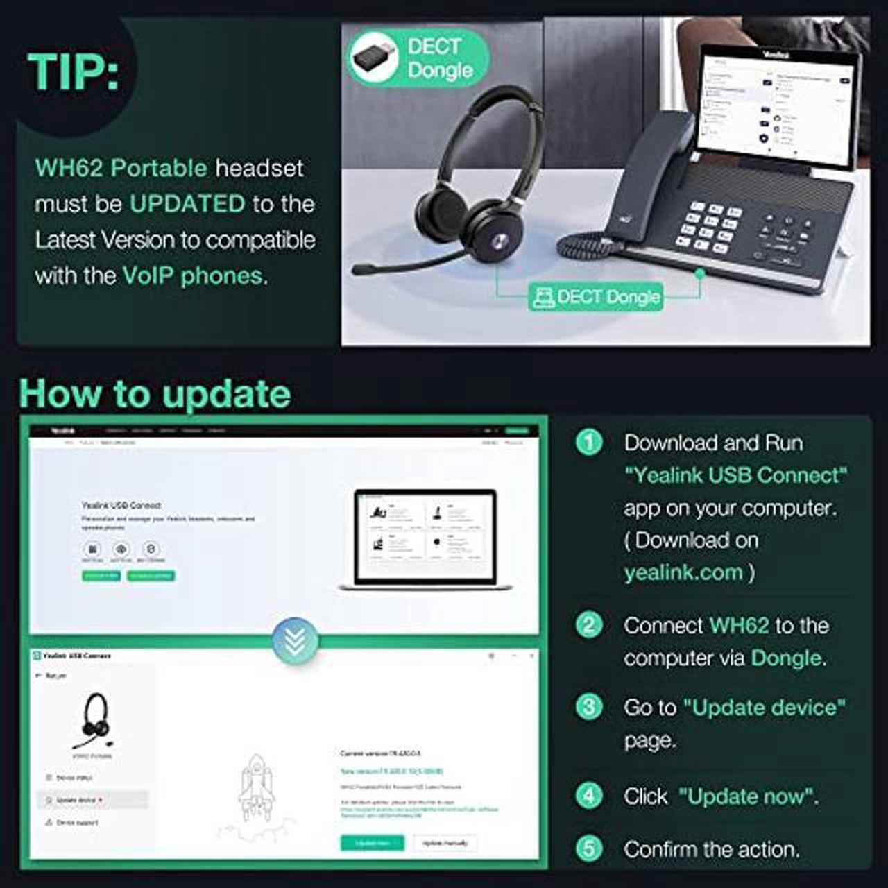 Alt view image 2 of 5 - Yealink WH62 Dual Wireless Headset DECT Portable, Teams & Zoom Compatible Noise Cancellation Headsets with Microphone, 120m 13h Talk Office Headphone for VoIP Phone PC, Optimized for UC Platform