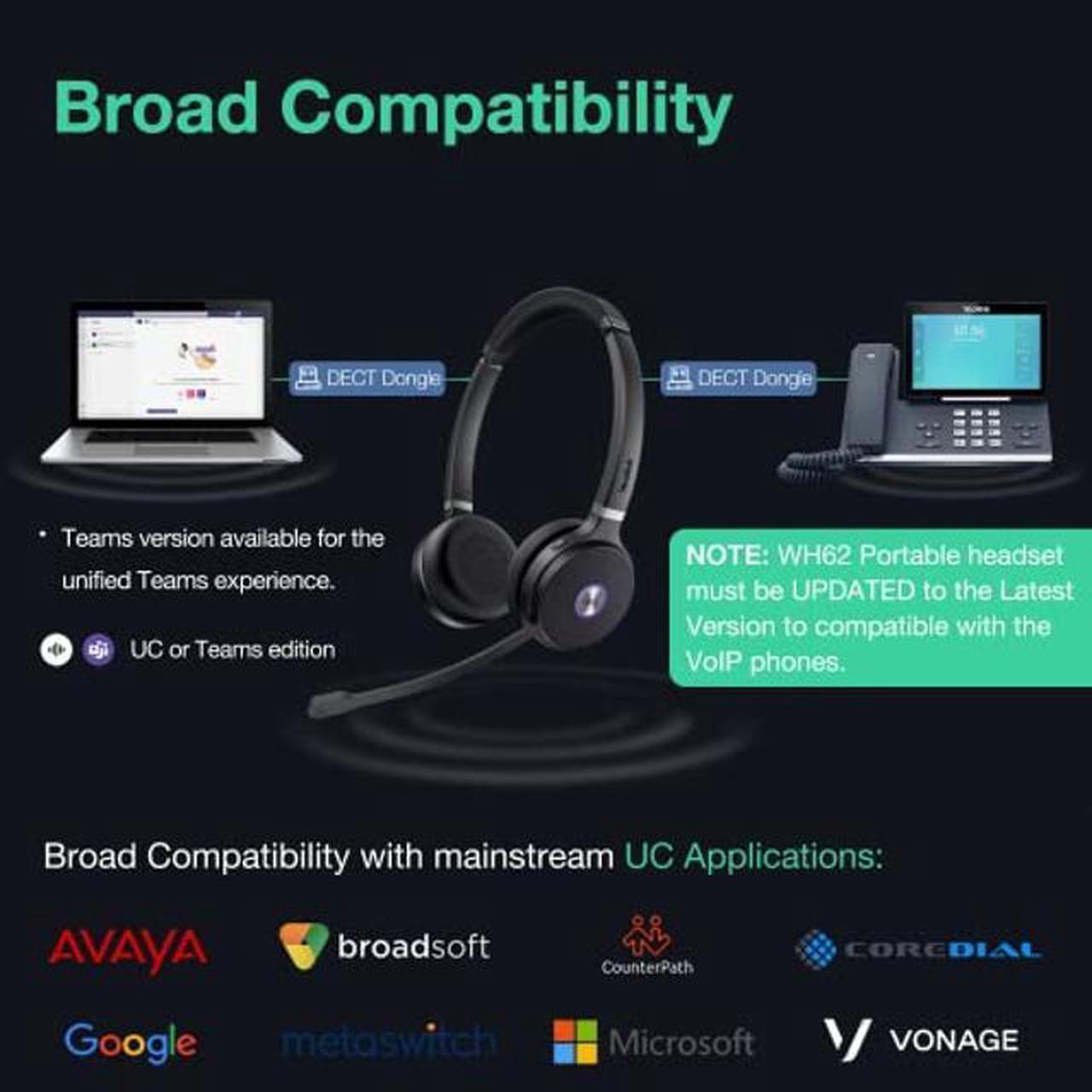 Alt view image 3 of 5 - Yealink WH62 Dual Wireless Headset DECT Portable, Teams & Zoom Compatible Noise Cancellation Headsets with Microphone, 120m 13h Talk Office Headphone for VoIP Phone PC, Optimized for UC Platform