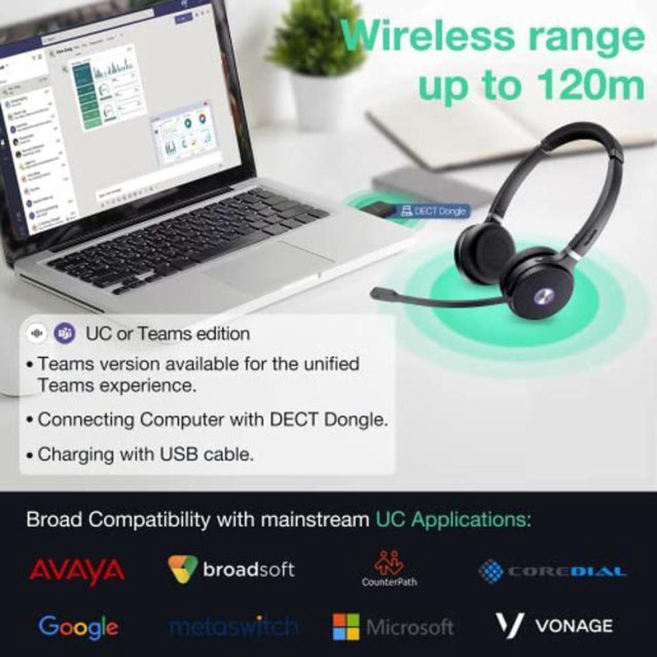 Alt view image 4 of 5 - Yealink WH62 Dual Wireless Headset DECT Portable, Teams & Zoom Compatible Noise Cancellation Headsets with Microphone, 120m 13h Talk Office Headphone for VoIP Phone PC, Optimized for UC Platform