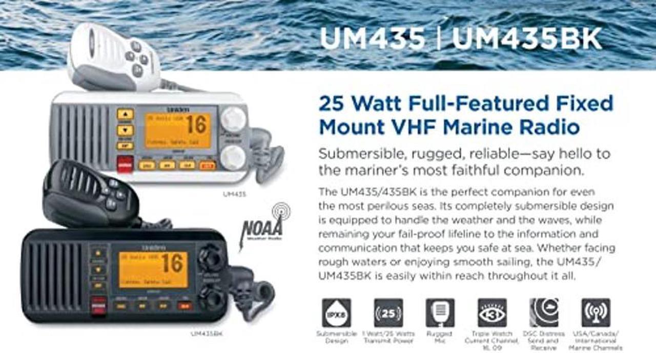 Alt view image 2 of 4 - Uniden UM435BK Advanced Fixed Mount VHF Marine Radio, All USA/International/Canadian Marine Channels including new 4-Digit, CDN "B" Channels, 1 Watt/25 Watt Power, Waterproof IPX8 Submersible, Black