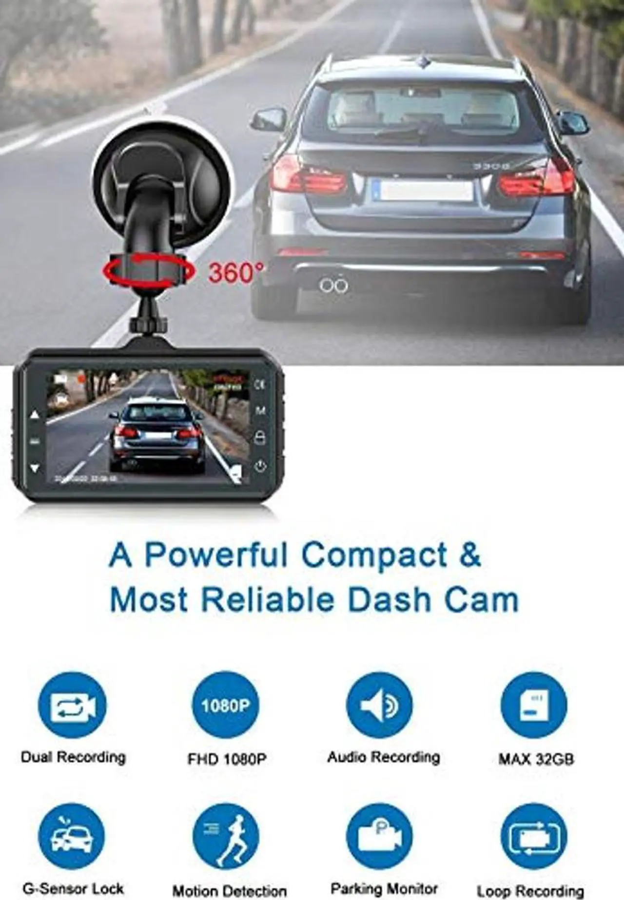 Alt view image 3 of 5 - Dash Cam Front and Rear CHORTAU Dual Dash Cam 3 inch Dashboard Camera Full HD 170deg Wide Angle Backup Camera with Night Vision WDR G-Sensor Parking Monitor Loop Recording Motion Detection