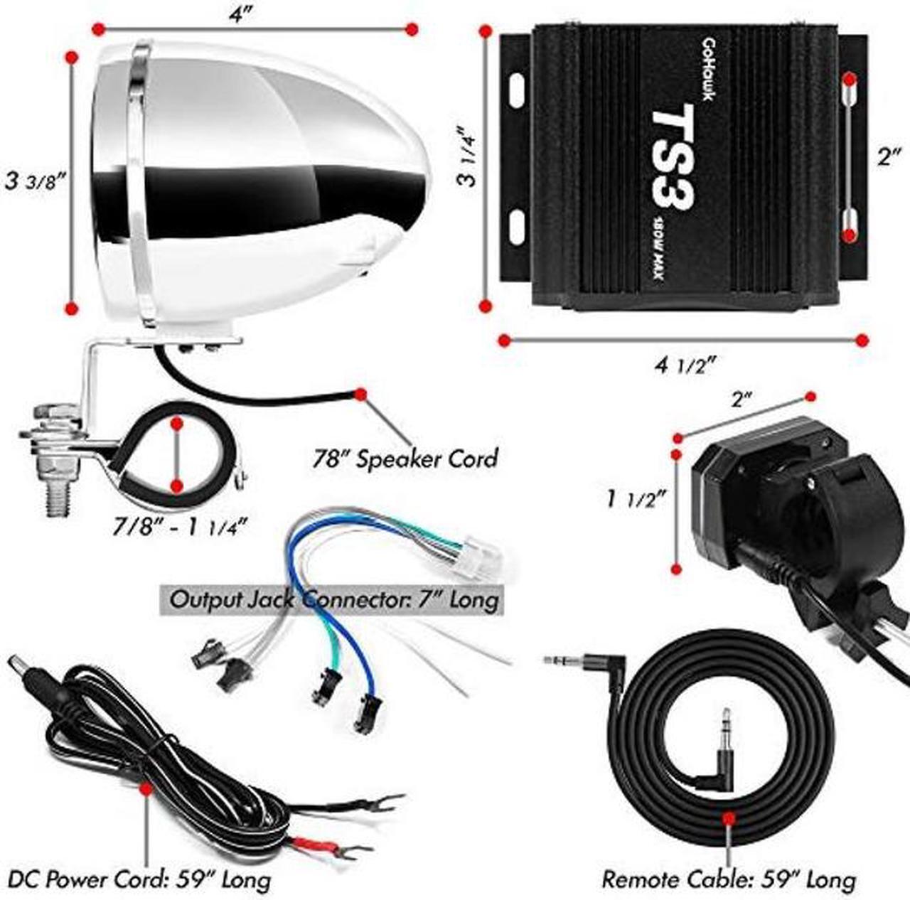 Alt view image 5 of 5 - GoHawk TS3 Gen.3 Motorcycle Weatherproof Bluetooth Speakers 7/8-1.25 in. Handlebar Mount MP3 Music Player Sound Audio Stereo Amplifier System ATV UTV w/AUX, USB, Micro SD, FM Radio, 2-Speaker
