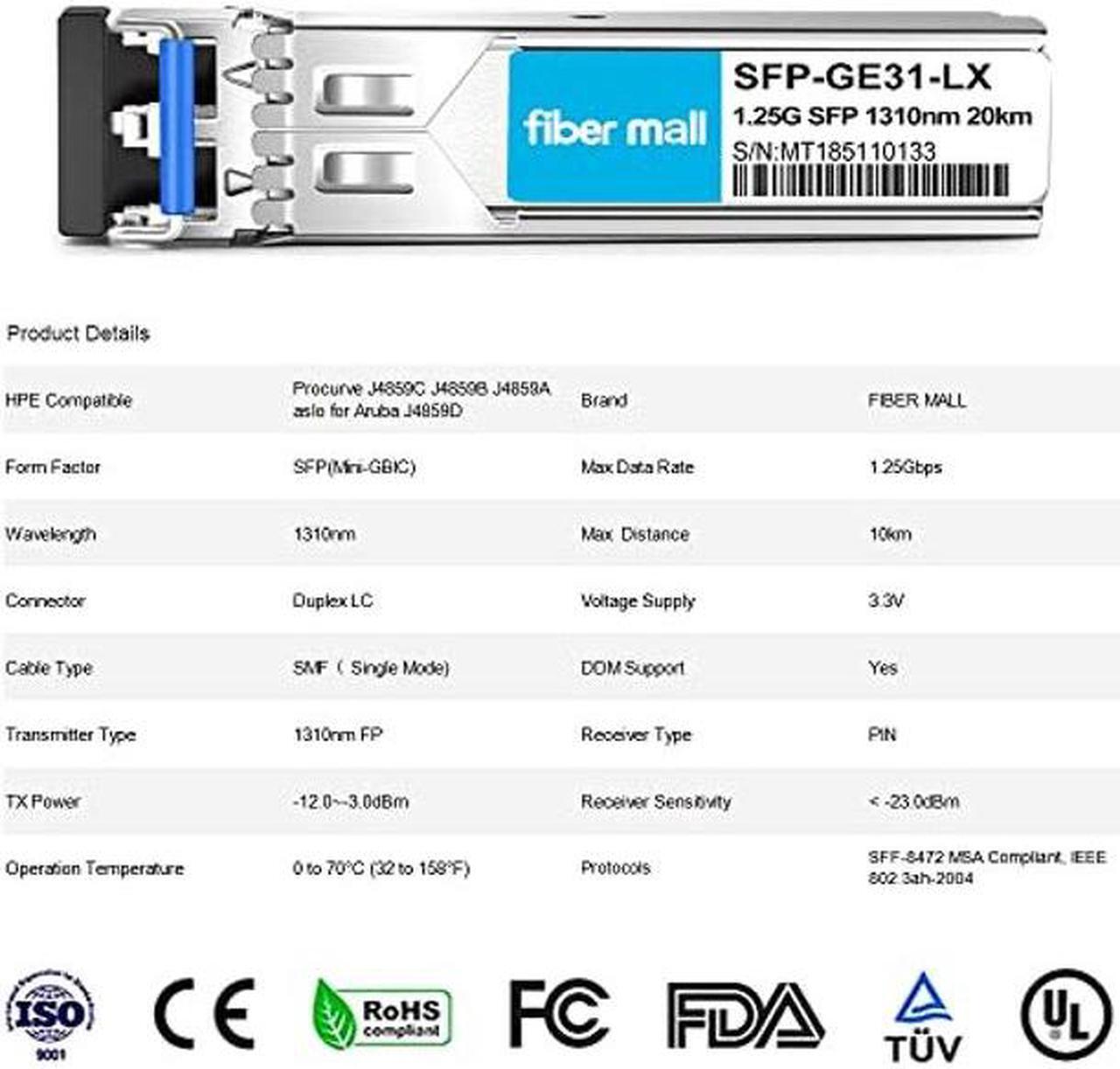 Alt view image 3 of 5 - 1G SFP LX for HPE Procurve J4859C J4859B J4859A HPE Aruba J4859D 1000BASE-LX/LH 1.25Gb/s Mini-GBIC SFP Transceiver Modul,Single Mode,1310nm 20km LC DOM Pack of 10