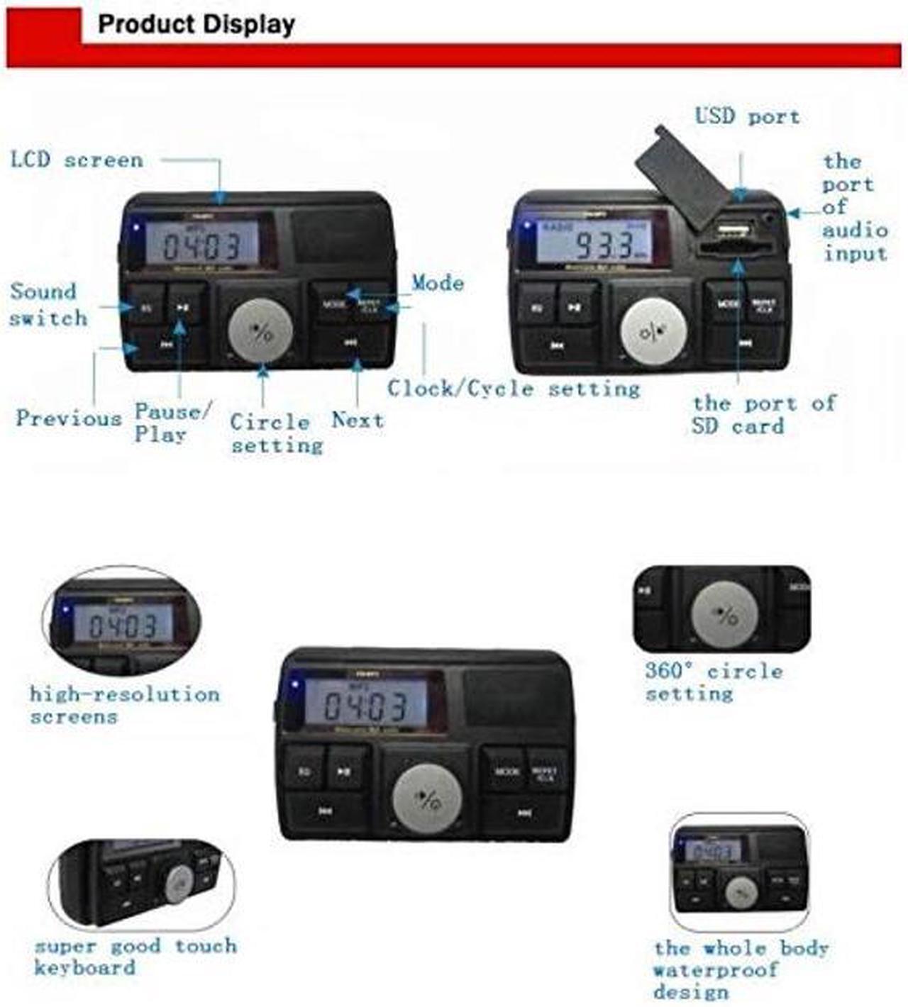 Alt view image 3 of 5 - 12V Radio 3 inch Motorcycle ATV UTV Golf Cart Waterproof Anti-Theft Bluetooth Speaker USB TF U Disk FM Radio Stereo System (Red)