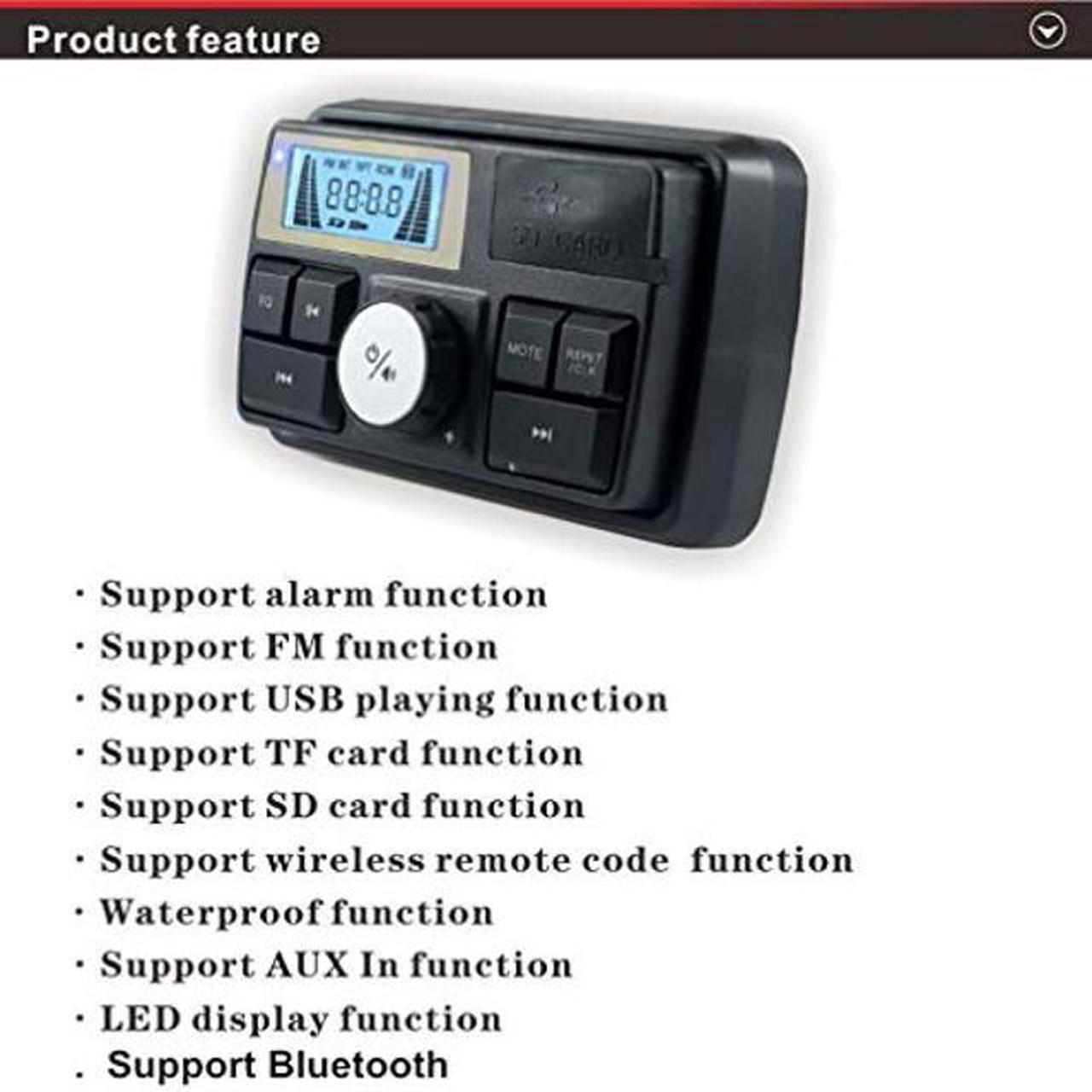 Alt view image 4 of 5 - 12V Radio 3 inch Motorcycle ATV UTV Golf Cart Waterproof Anti-Theft Bluetooth Speaker USB TF U Disk FM Radio Stereo System (Red)