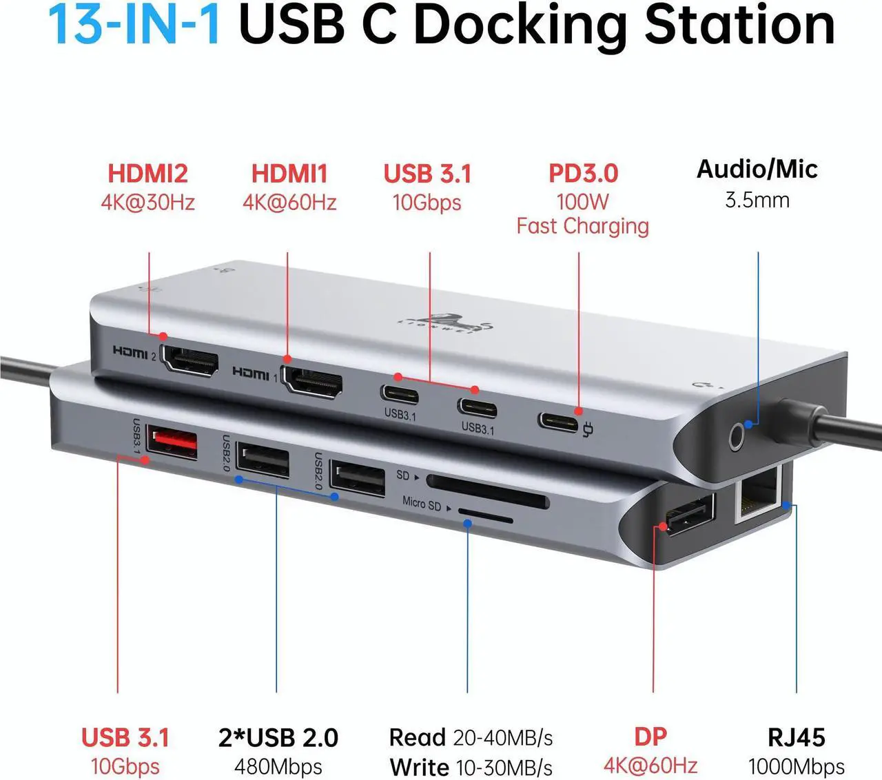 Alt view image 2 of 5 - USB C Laptop Docking Station 3 Monitors - 13 in 1 USB C Hub with 2 HDMI+DisplayPort+10Gbps USB A/C, 6 USB, 100W PD, Ethernet, SD/TF, Audio, LIONWEI USB C Dock for MacBook/Dell/HP/Surface