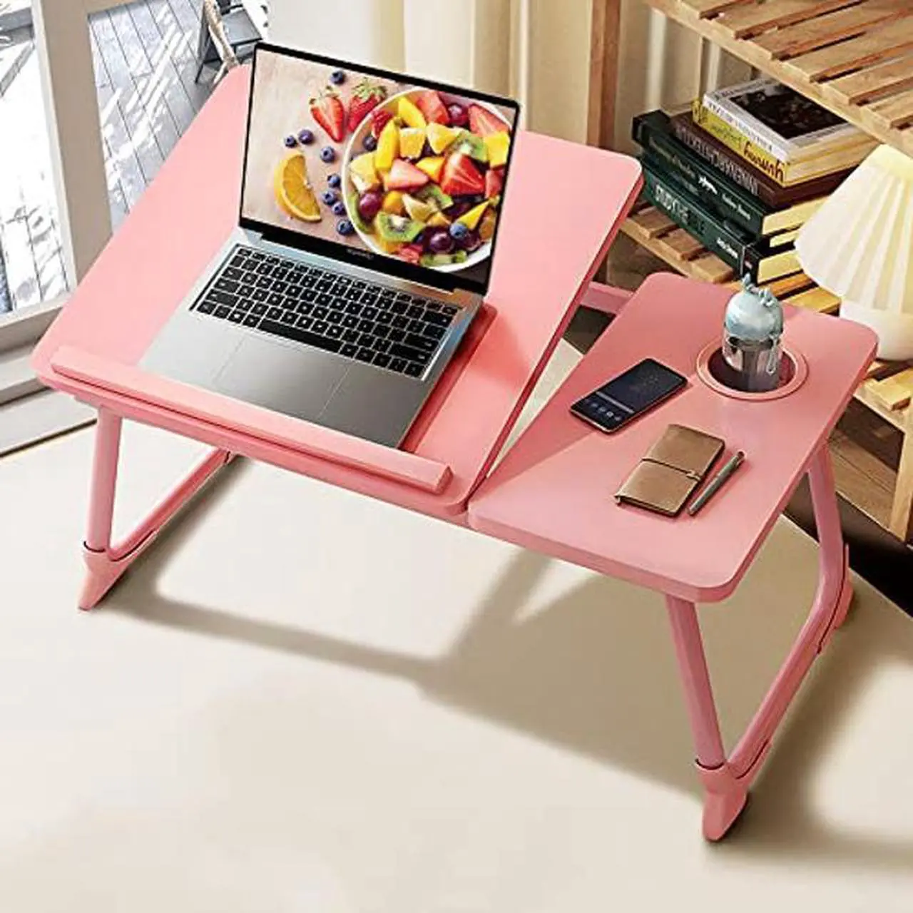 Alt view image 4 of 5 - Laptop Desk for Bed,Asltoy Laptop Bed Tray Table,Foldable Lap Desk Stand Notebook Desk Adjustable Laptop Table for Bed Portable Notebook Bed Tray Lap Tablet with Cup Holder (Pink)