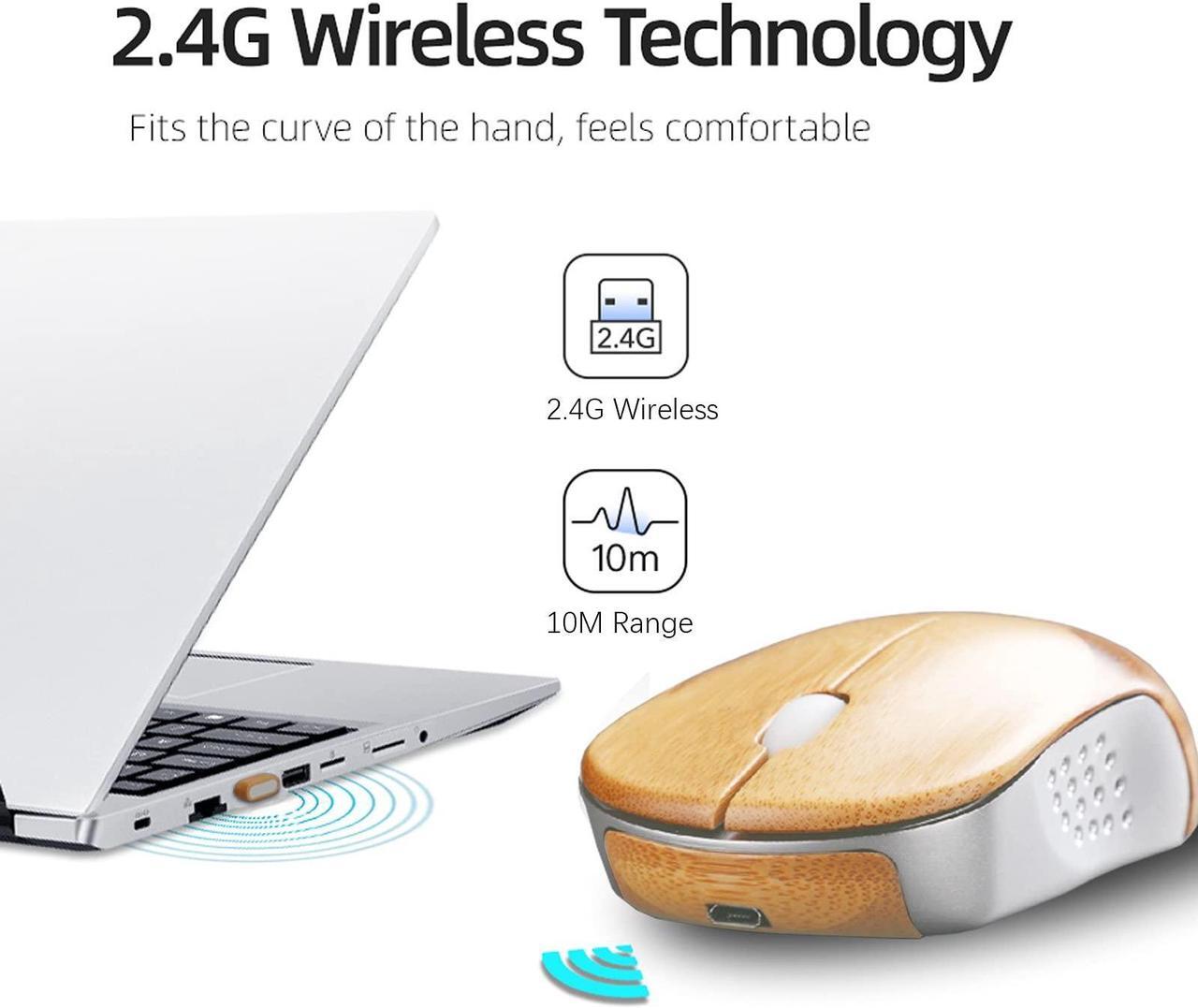 Alt view image 3 of 5 - Icemouse Wireless Computer Mouse, Rechargeable Bamboo Wireless Mouse 2.4GHz Optical Silent Mouse with USB Receiver and 4 Adjustable DPIs, for Laptop,