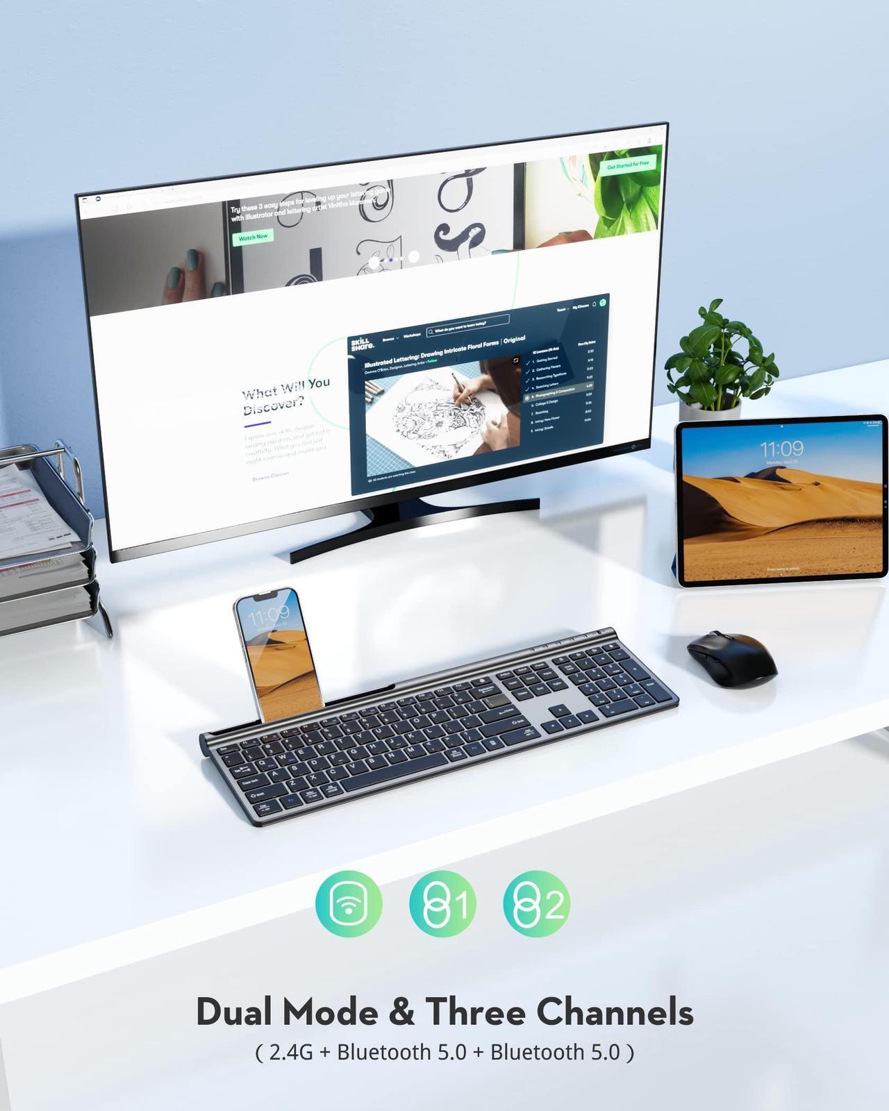 Alt view image 2 of 5 - Wireless Keyboard and Mouse Combo, Samsers Ultra Slim Rechargeable Dual-Mode (Bluetooth 5.0x2 +2.4G) Silent Keyboard and Mouse Set, Multi-Device Full-Size Compact Design for MacOS/iOS/Android/Windows