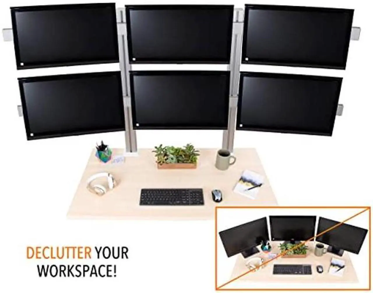 Alt view image 7 of 7 - Stand Steady 6 Monitor Mount Desk Setup - Heavy-Duty Height Adjustable Monitor Stand, Swivel Arm with Clamp-On Base, 6 Screen VESA Mount Fits Most LCD/LED Monitors 17-32 in. (Silver, 6 Mounts)