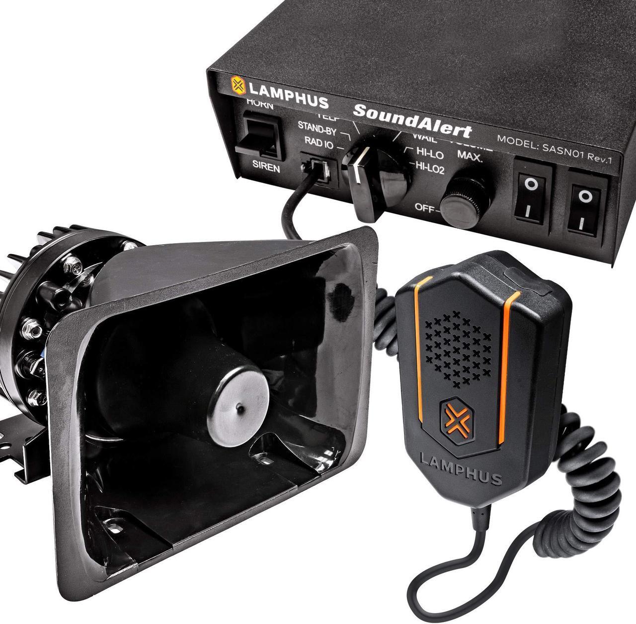 Main image of SoundAlert 100W Emergency Police Siren Kit [120-130dB Bullhorn Speaker] [2 x 16A Switch Control] [Hands-Free Air Horn] [PTT Mic] [Radio Rebroadcast] Warning Emergency PA System for Truck Car