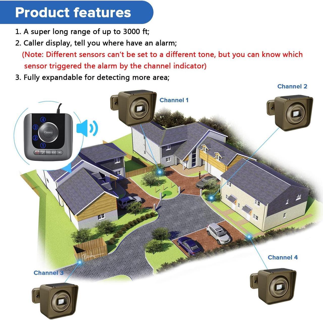 Alt view image 5 of 5 - Chtoocy Solar Driveway Alarm Wireless Outside Long Range 3000 ft Weatherproof Outdoor Perimeter Gate Alarm System Moiton Sensor Alert & Detector Driveway Alert System with Rechargeable Battery