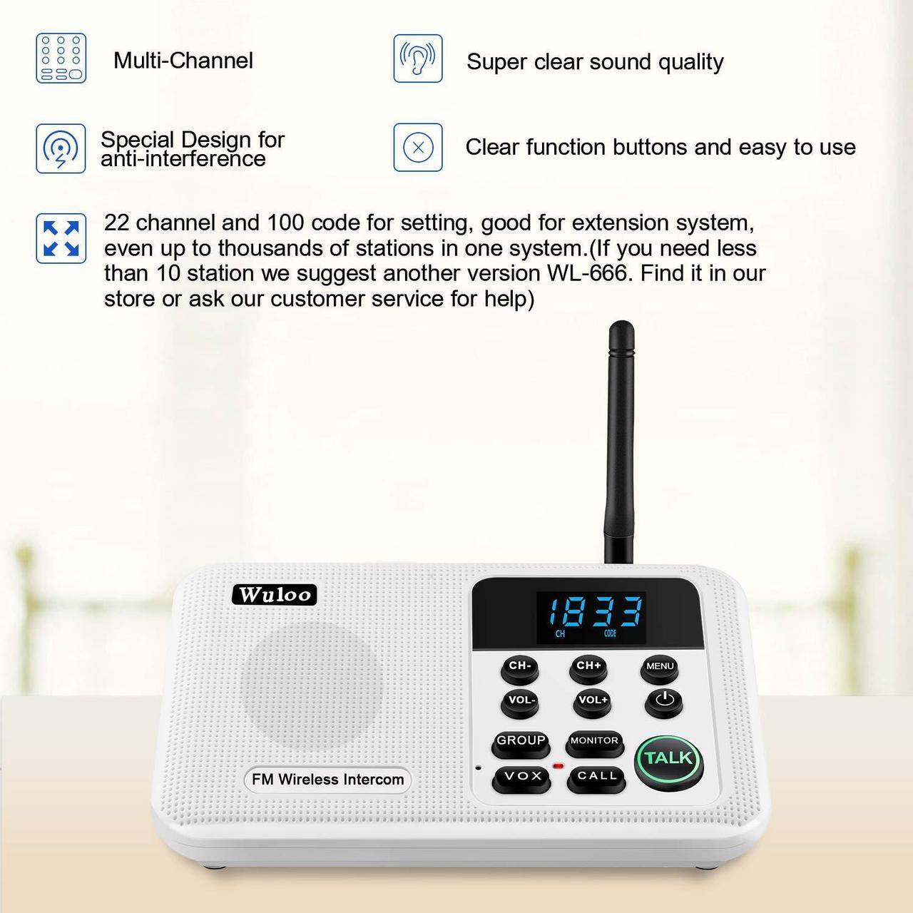 Alt view image 2 of 5 - Wuloo Intercoms Wireless for Home 1 Mile Range 22 Channel 100 Digital Code Display Screen, Wireless Intercom System for Home House Business Office, Room to Room Intercom Communication(4Stations White)