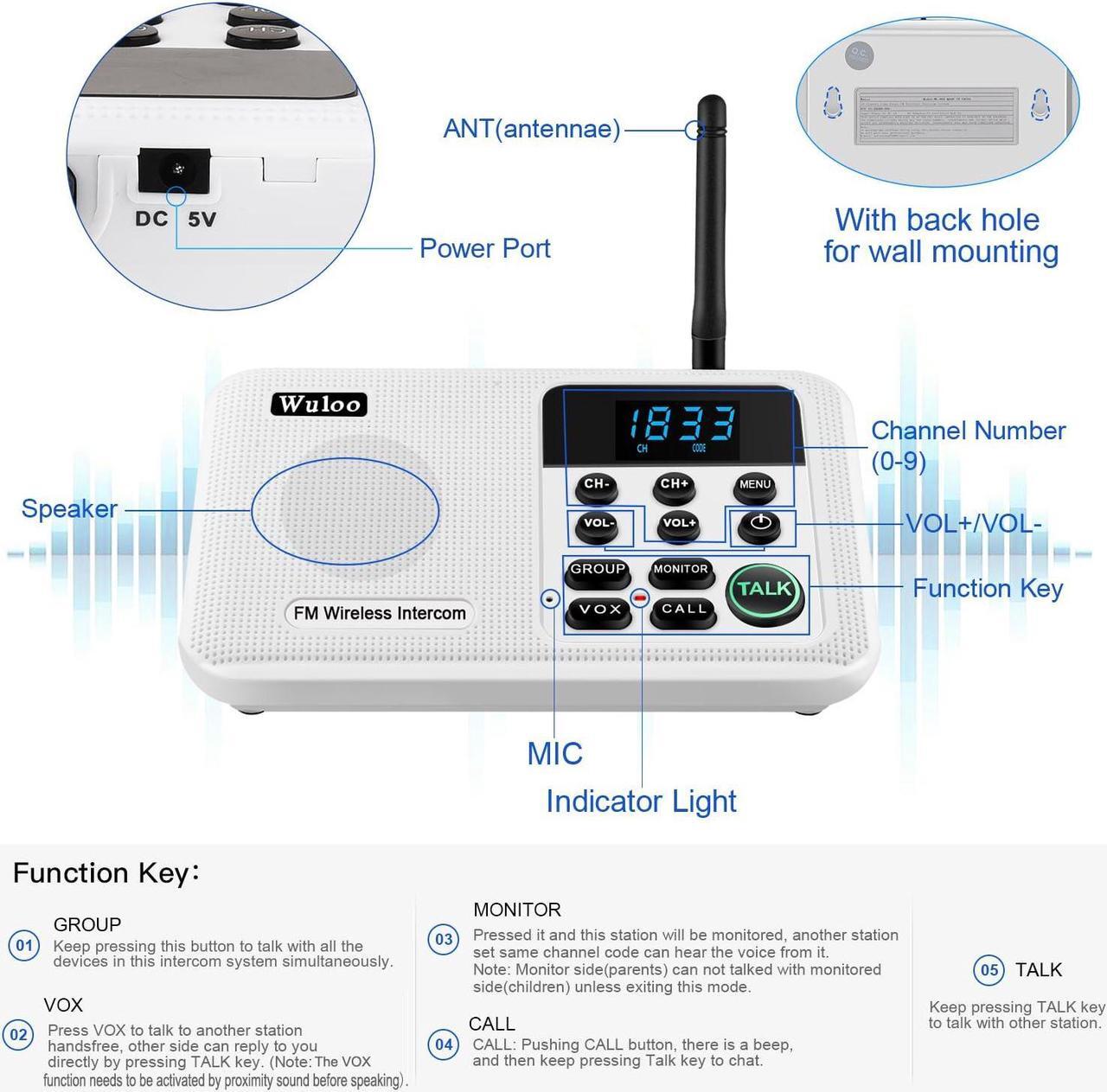 Alt view image 5 of 5 - Wuloo Intercoms Wireless for Home 1 Mile Range 22 Channel 100 Digital Code Display Screen, Wireless Intercom System for Home House Business Office, Room to Room Intercom Communication(4Stations White)