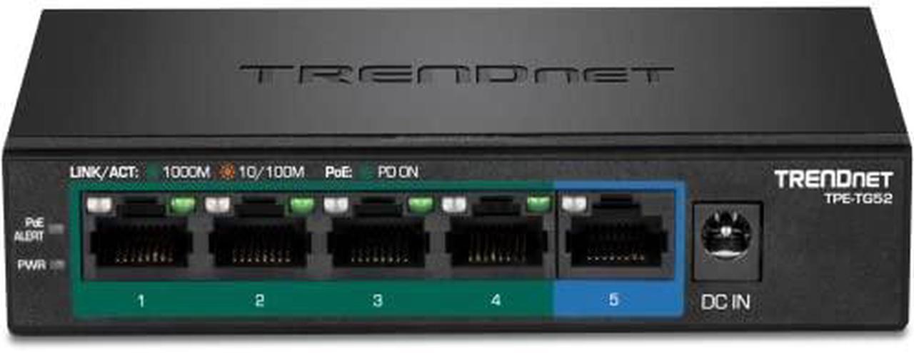 Main image of TRENDnet 5-Port Gigabit PoE+ Switch, 32W PoE Power Budget, 10Gbps Switching Capacity, IEEE 802.1p QoS, DSCP Pass-Through Support, Fanless, Wall Mountable, Lifetime Protection, Black, TPE-TG52
