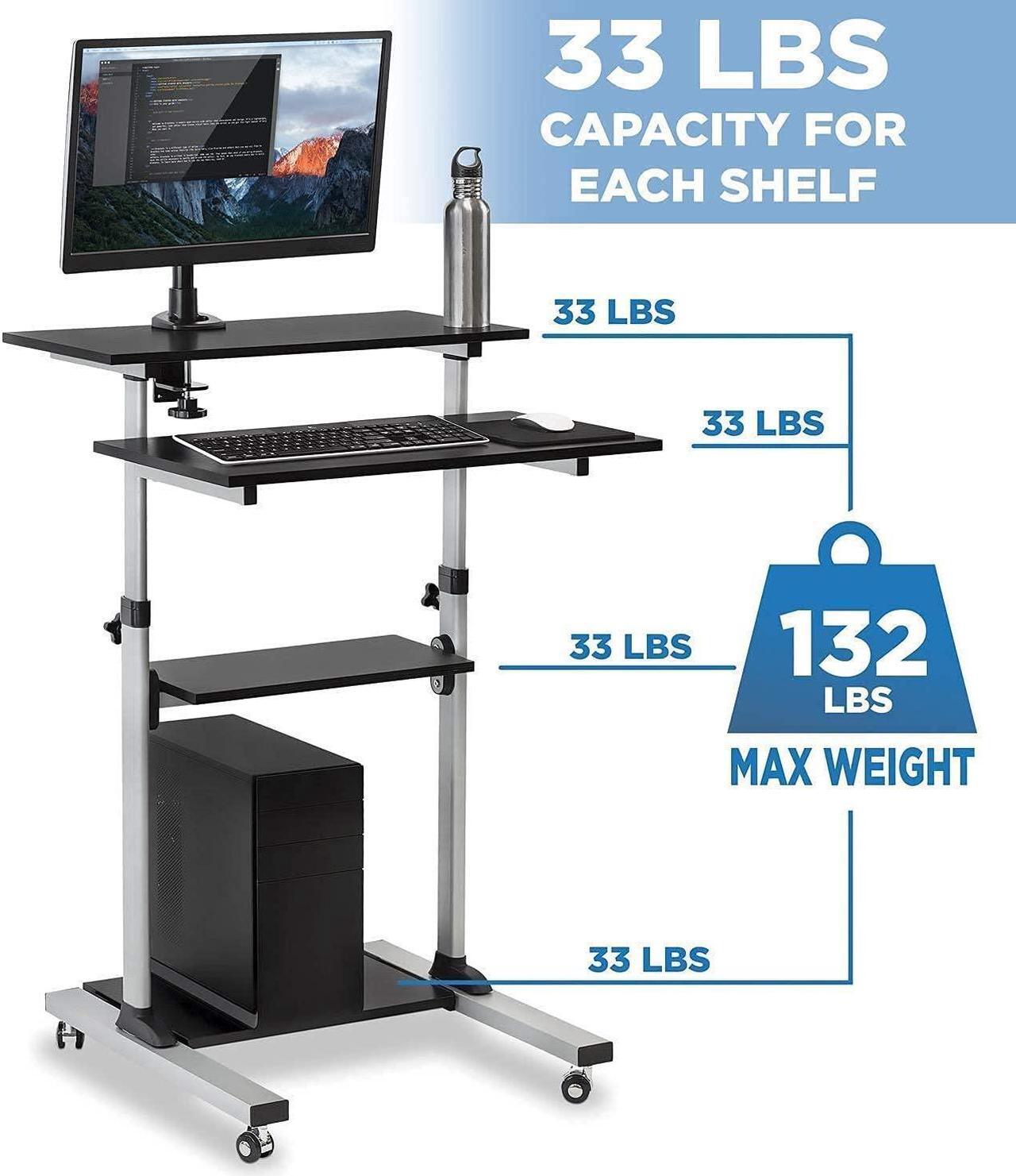 Alt view image 3 of 5 - Mount-It! Mobile Standing Desk, Height Adjustable Stand Up Computer Work Station and Height Adjustable Foot Rest with Handle, Six Height Settings, and Anti-Slip Padded Surface