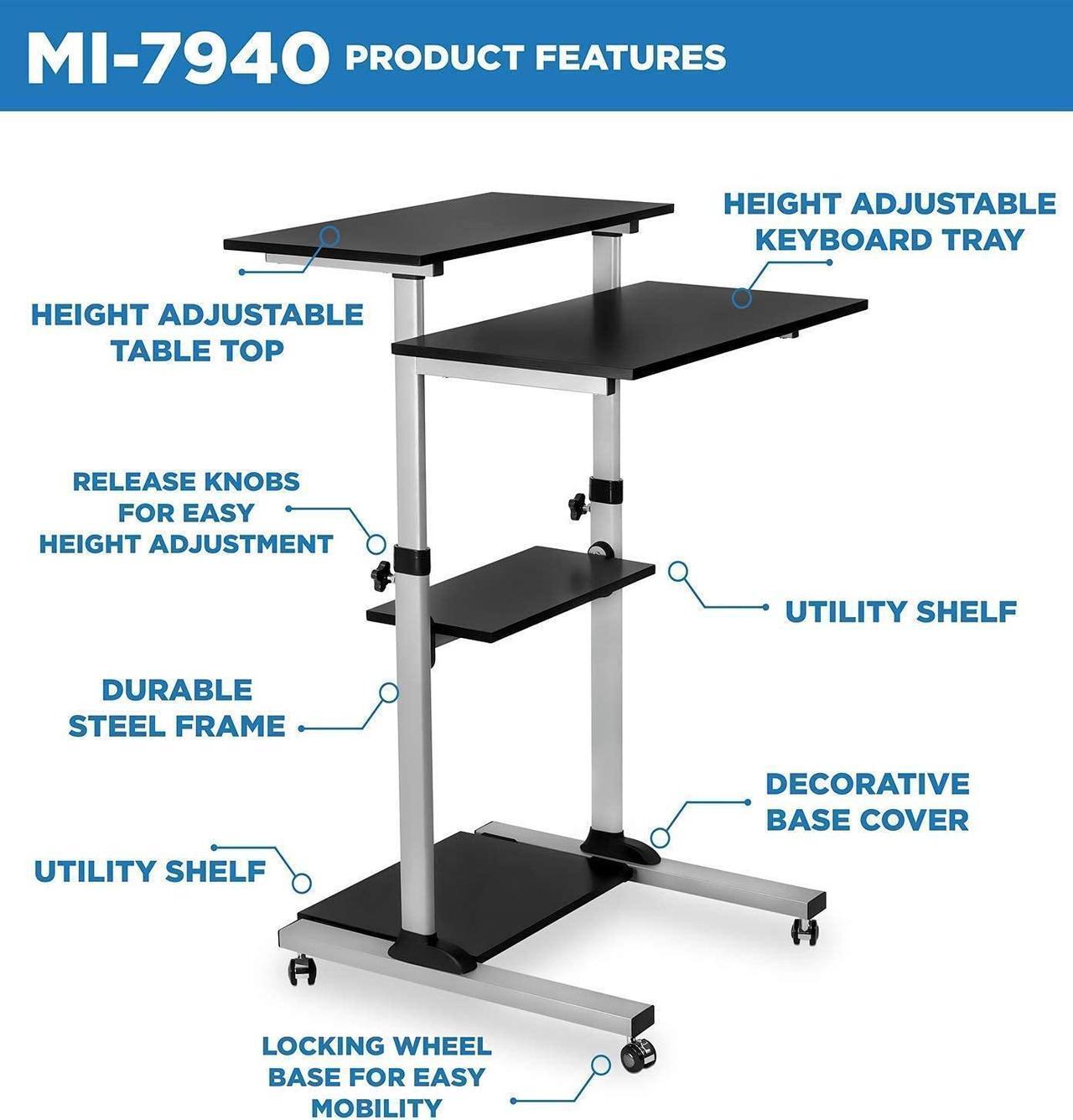 Alt view image 4 of 5 - Mount-It! Mobile Standing Desk, Height Adjustable Stand Up Computer Work Station and Height Adjustable Foot Rest with Handle, Six Height Settings, and Anti-Slip Padded Surface