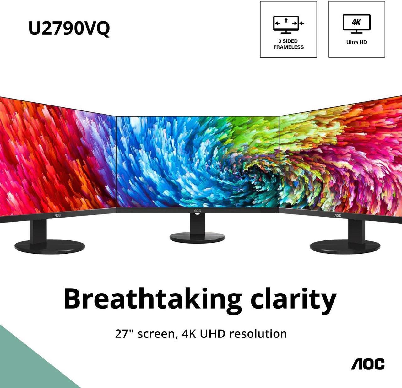 Alt view image 2 of 5 - AOC U2790VQ 27" 4K 3840x2160 UHD Frameless Monitor, IPS, 5ms, 1 Billion+ Colors, 108% sRGB, VESA, Black