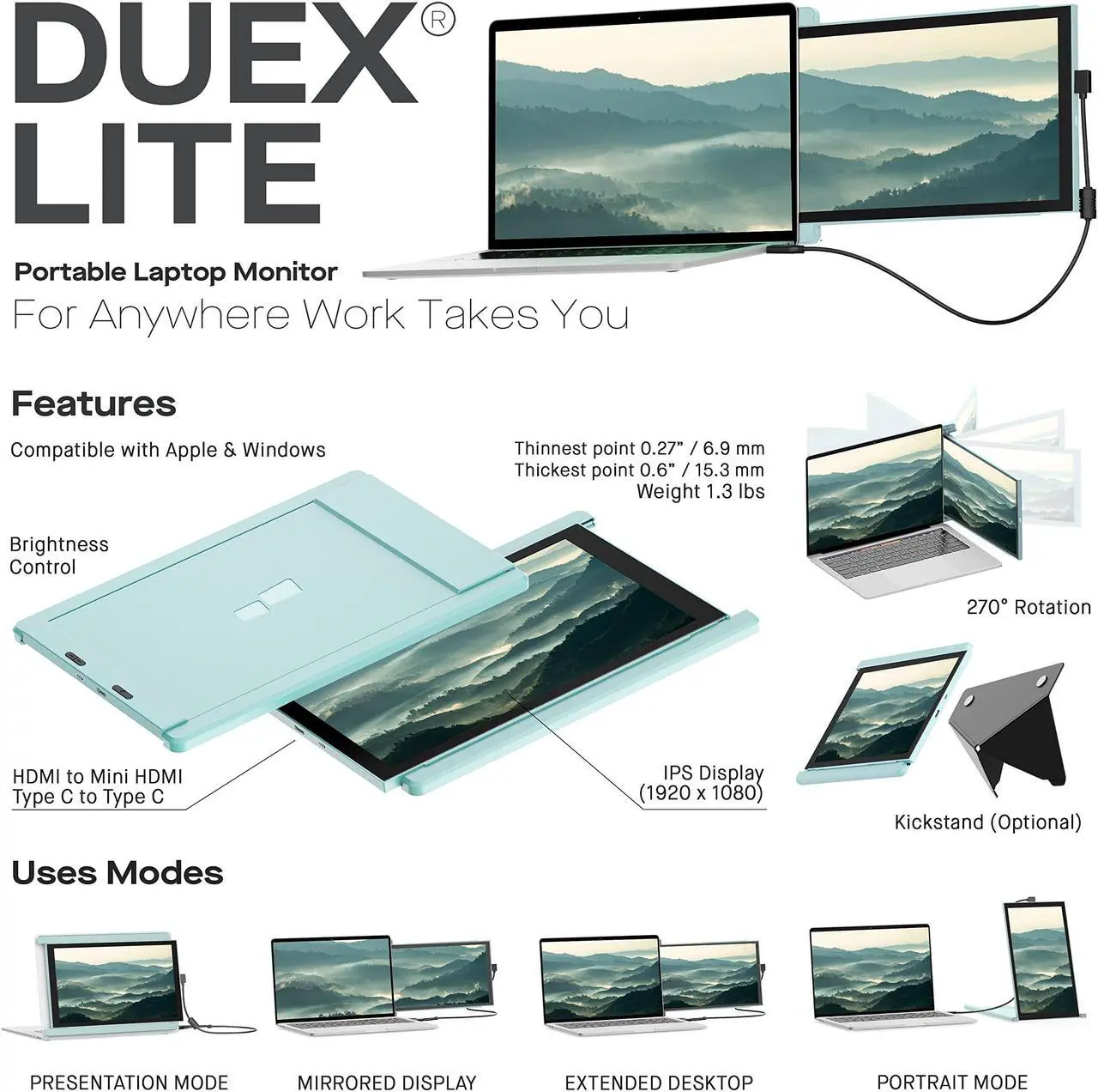 Alt view image 2 of 5 - Duex Lite New Mobile Pixels Portable Monitor (2023 Upgraded), 12.5" Full HD IPS Laptop Screen Extender, USB C/HDMI Powered Plug and Play,Windows/Mac/Android/Switch Compatible (Jadeite Green)