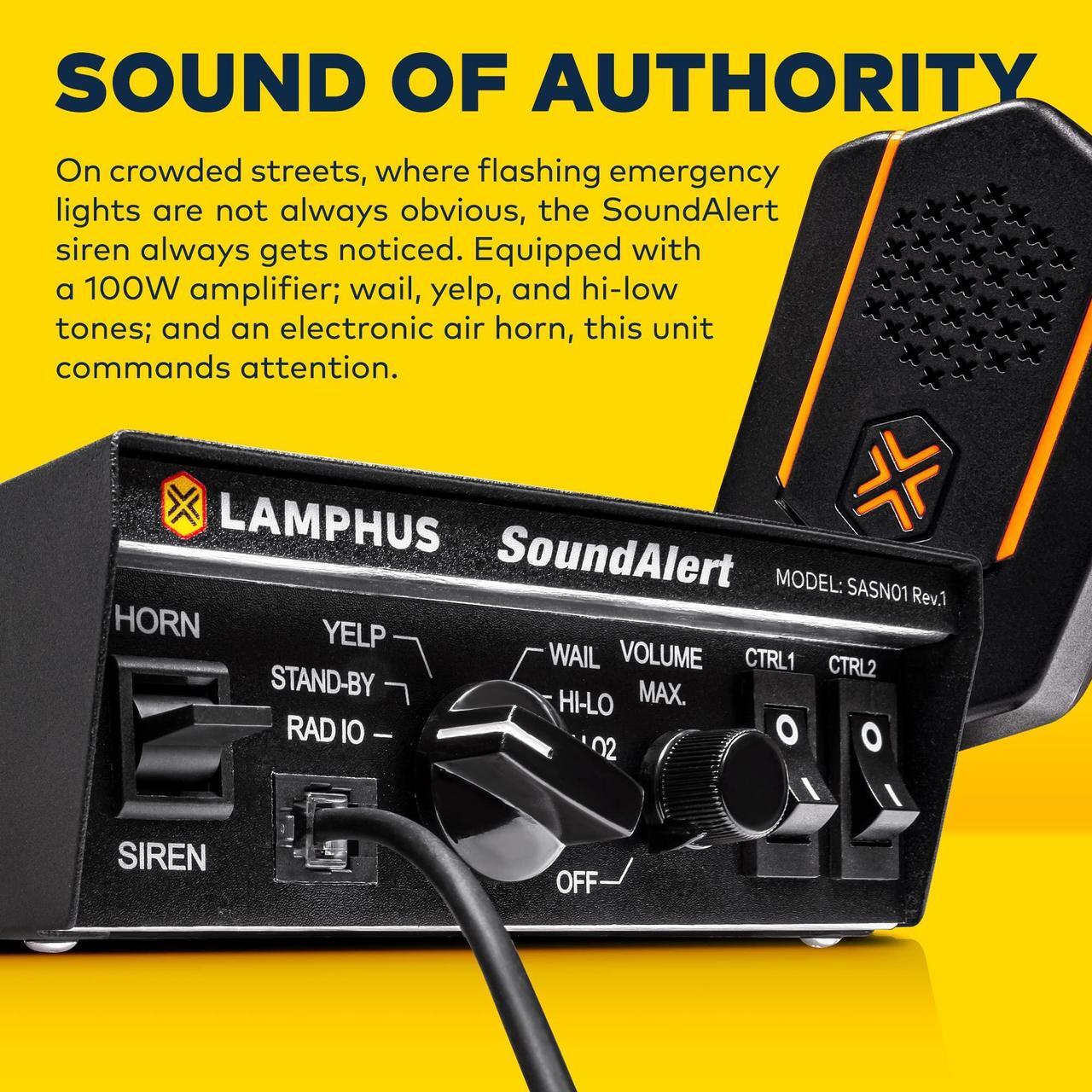 Alt view image 2 of 5 - SoundAlert 12V 100W Police Siren PA System Kit [120-130dB Compact Speaker] [2 x 16A Aux Switch] [Hands-Free Air Horn] [PTT Mic] [Radio Rebroadcast] Warning Emergency Siren for Vehicle Tow Truck Van RV