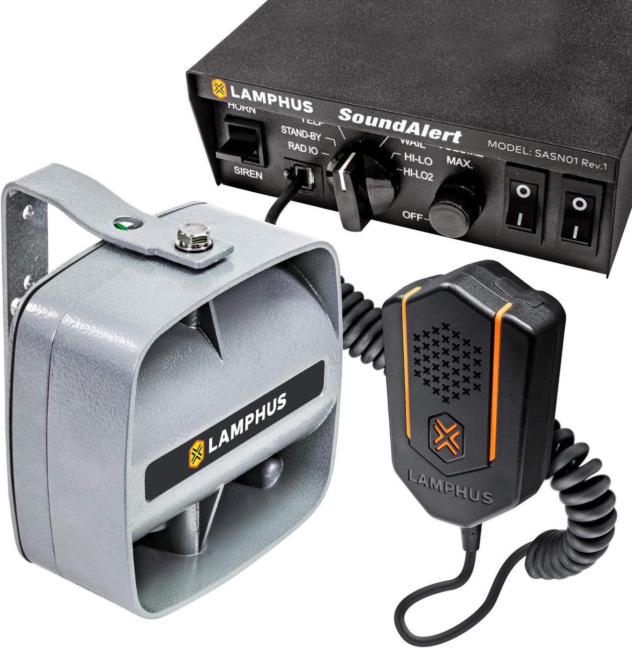 Main image of SoundAlert 12V 100W Police Siren PA System Kit [120-130dB Compact Speaker] [2 x 16A Aux Switch] [Hands-Free Air Horn] [PTT Mic] [Radio Rebroadcast] Warning Emergency Siren for Vehicle Tow Truck Van RV