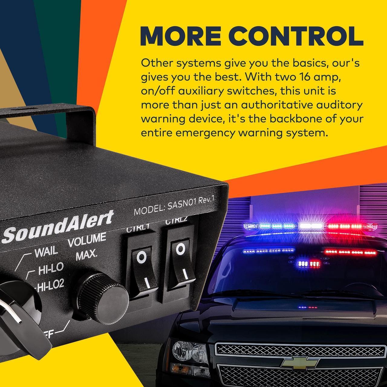 Alt view image 3 of 5 - SoundAlert 12V 100W Police Siren PA System Kit [120-130dB Compact Speaker] [2 x 16A Aux Switch] [Hands-Free Air Horn] [PTT Mic] [Radio Rebroadcast] Warning Emergency Siren for Vehicle Tow Truck Van RV
