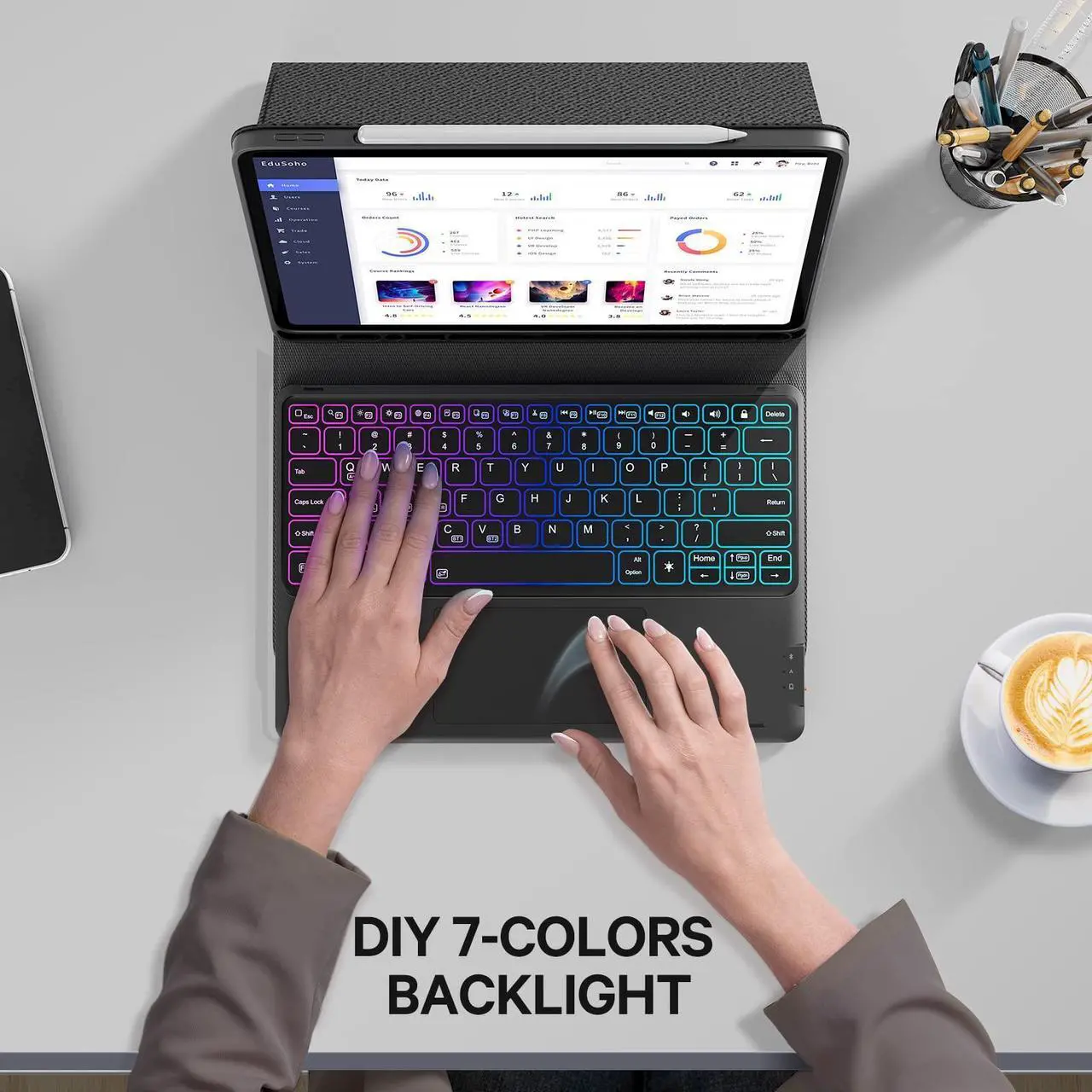 Alt view image 5 of 5 - CHESONA Keyboard for iPad Air 13 (M3/M2, 2025/2024), iPad Pro 12.9 inch Case Keyboard, Trackpad & DIY 7-Color Backlit, Magnetic Detachable, Pencil Holder, for iPad Pro 12.9'' 6th/5th/4th/3rd, Black