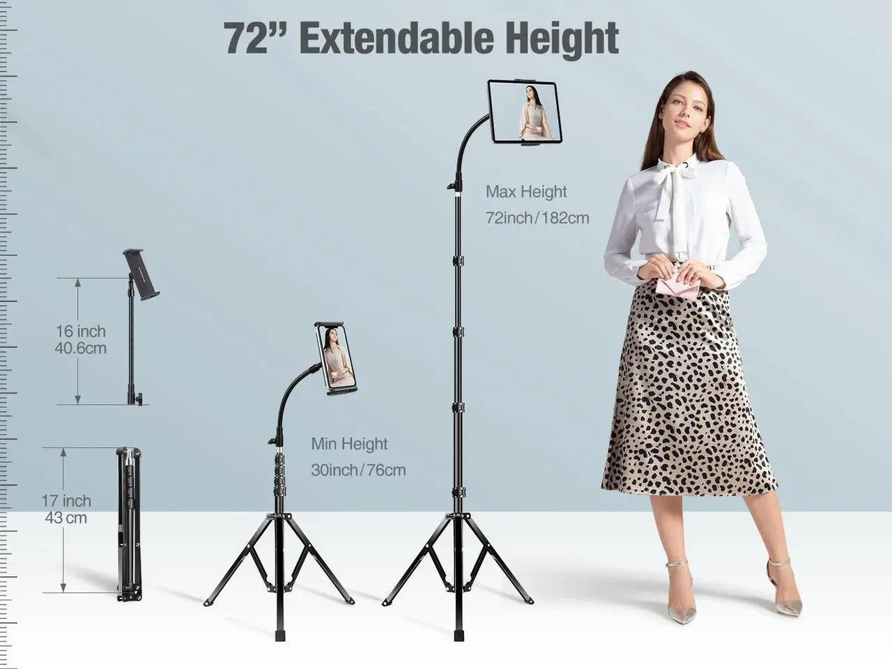 Alt view image 2 of 5 - elitehood Tablet Floor Tripod Stand, Stronger Gooseneck iPad Tripod Stand, 72" Adjustable iPad Stand Holder for Stream/Watching, for iPad Pro 12.9, Mini, Air, iPhone and 4.7-13" Tablet and Cellphone