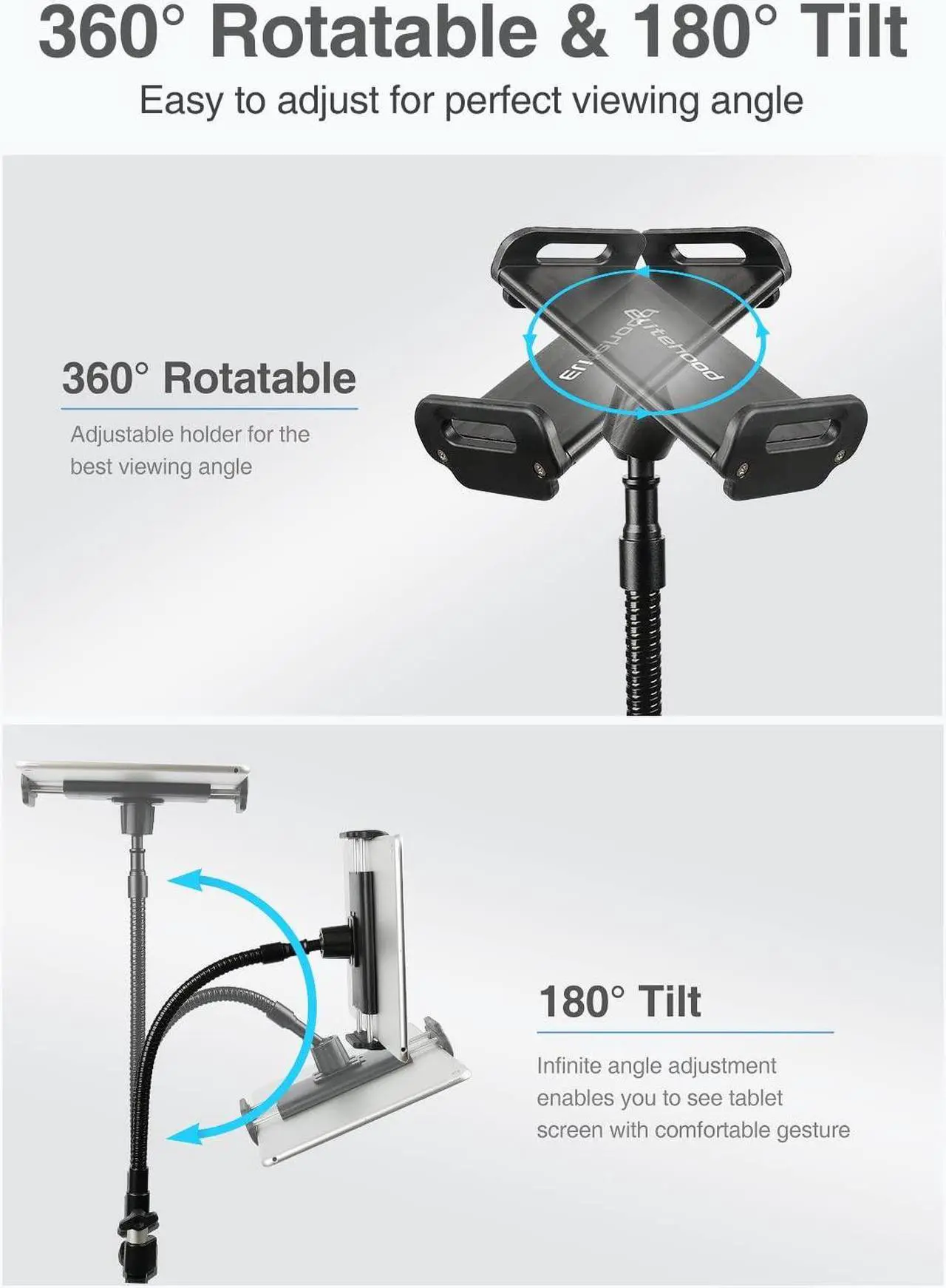 Alt view image 5 of 5 - elitehood Tablet Floor Tripod Stand, Stronger Gooseneck iPad Tripod Stand, 72" Adjustable iPad Stand Holder for Stream/Watching, for iPad Pro 12.9, Mini, Air, iPhone and 4.7-13" Tablet and Cellphone