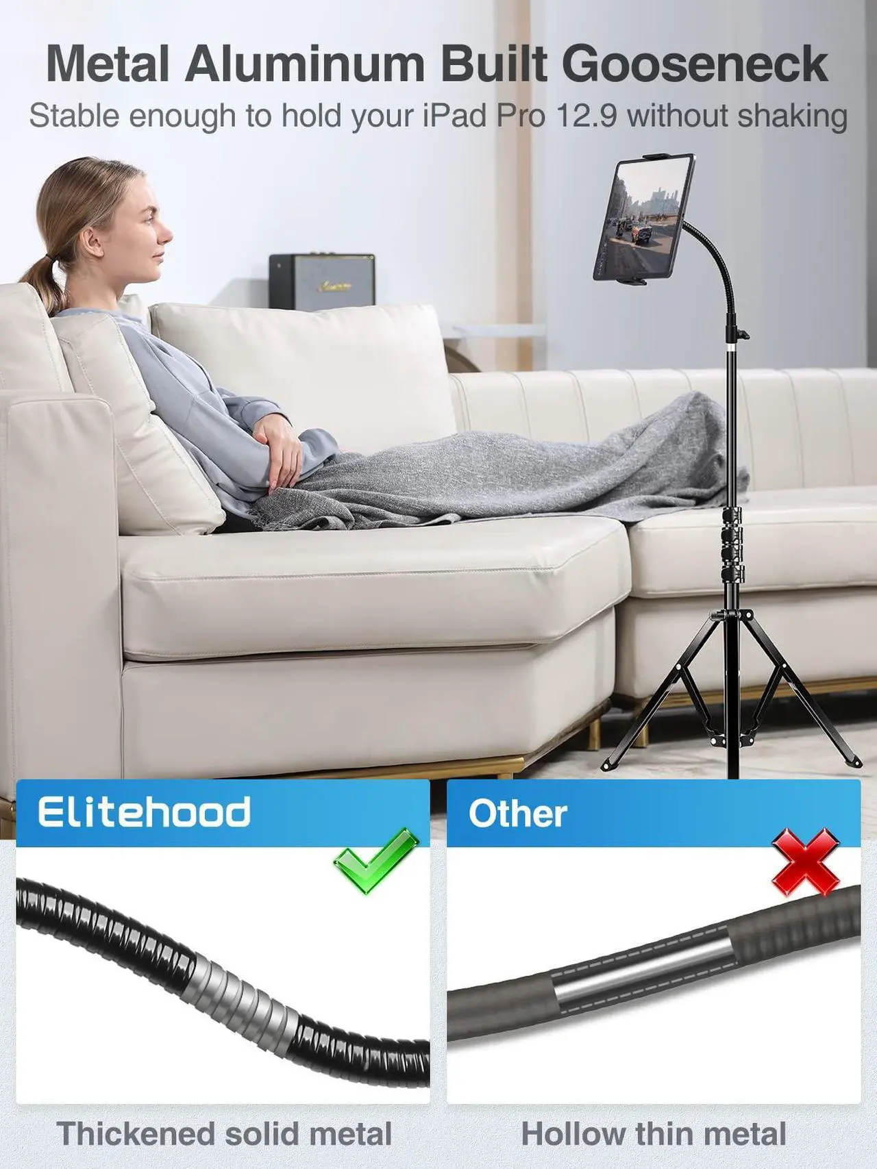 Alt view image 4 of 5 - elitehood Tablet Floor Tripod Stand, Stronger Gooseneck iPad Tripod Stand, 72" Adjustable iPad Stand Holder for Stream/Watching, for iPad Pro 12.9, Mini, Air, iPhone and 4.7-13" Tablet and Cellphone