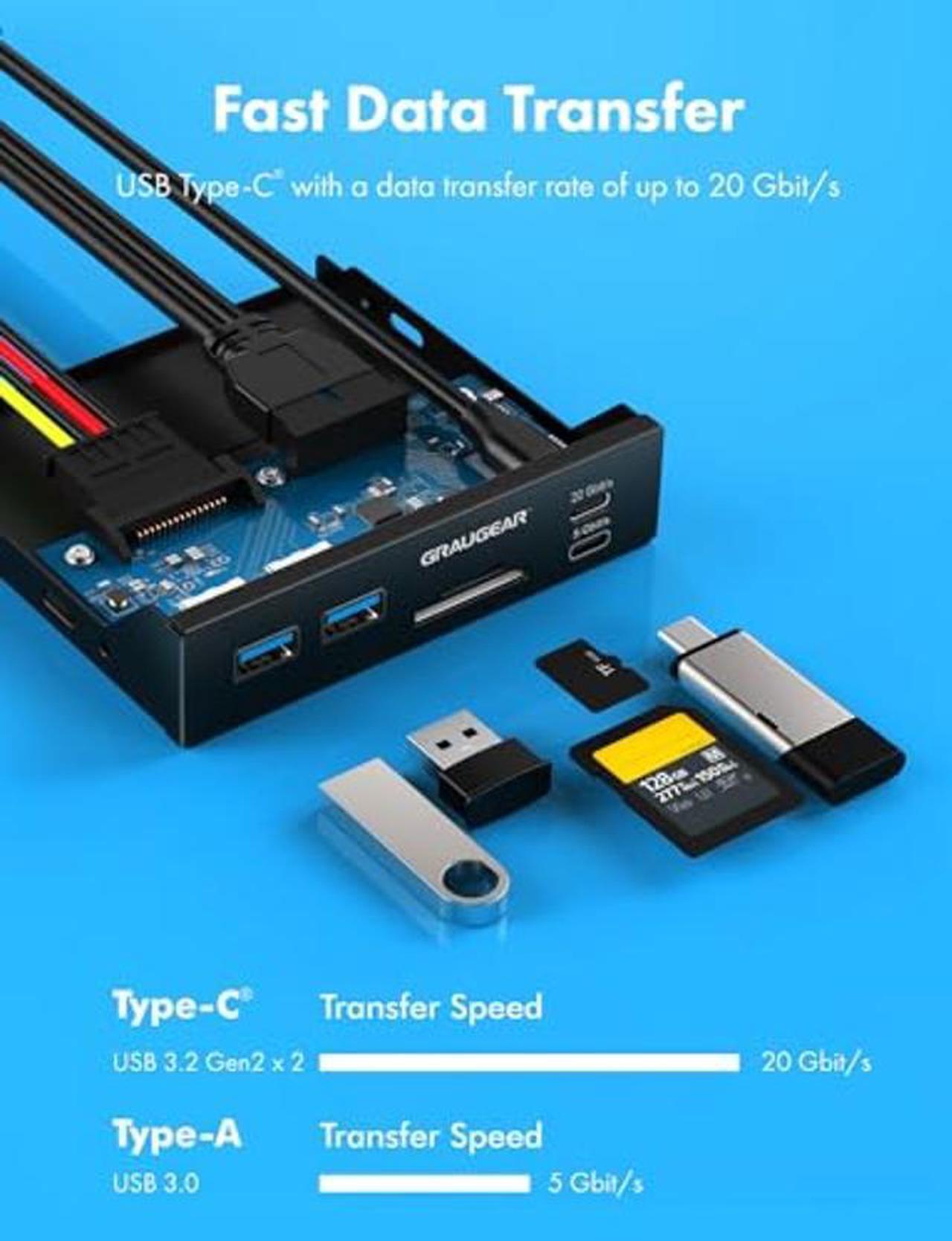 Alt view image 4 of 5 - GRAUGEAR 3.5 Inch Front Panel USB C Hub, SD/microSD Internal Card Reader, 20Gbps USB 3.2 Gen 2x2, 20-pin Type-E Key-A Header & USB3.0 Header & 15-Pin SATA Power Connector Required [G-MP01CR]
