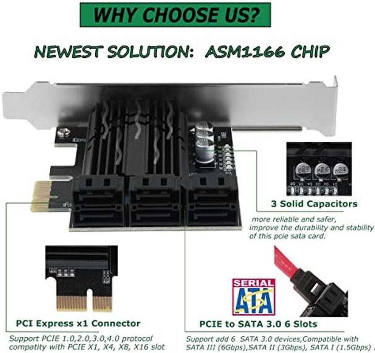 Alt view image 3 of 5 - ASM1166 PCIe X1 SATA Card 6 Ports, Non Raid, Joylifeboard PCIE SATA III Controller Expansion Card 6 Gbps, Support 6 SATA 3.0 Devices, PCIe SATA Card with 6 SATA Cables+Thin Bracket