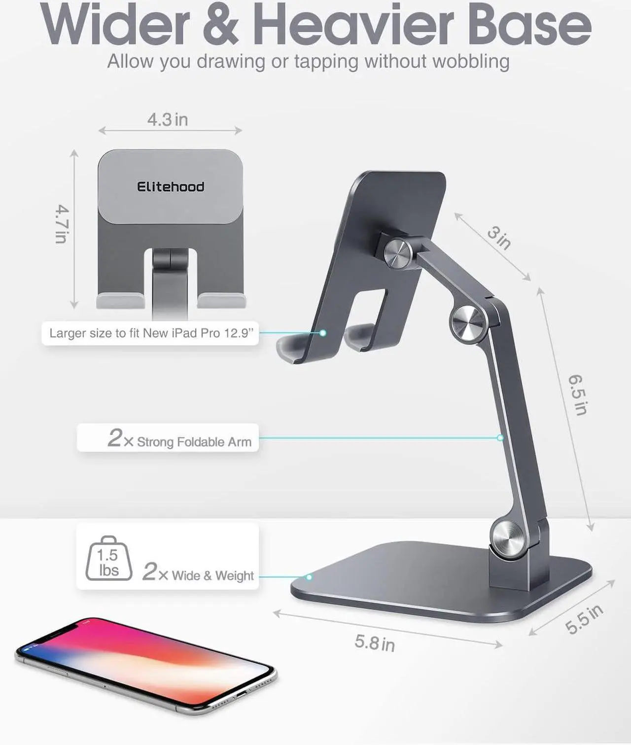 Alt view image 3 of 5 - elitehood Aluminum iPad Stand, Adjustable iPad Stand Holder for Desk, Desktop Tablet Stand Dock for iPad Pro 12.9 11 Air Mini 4 5 and More 4-13 inches Tablets, Gray